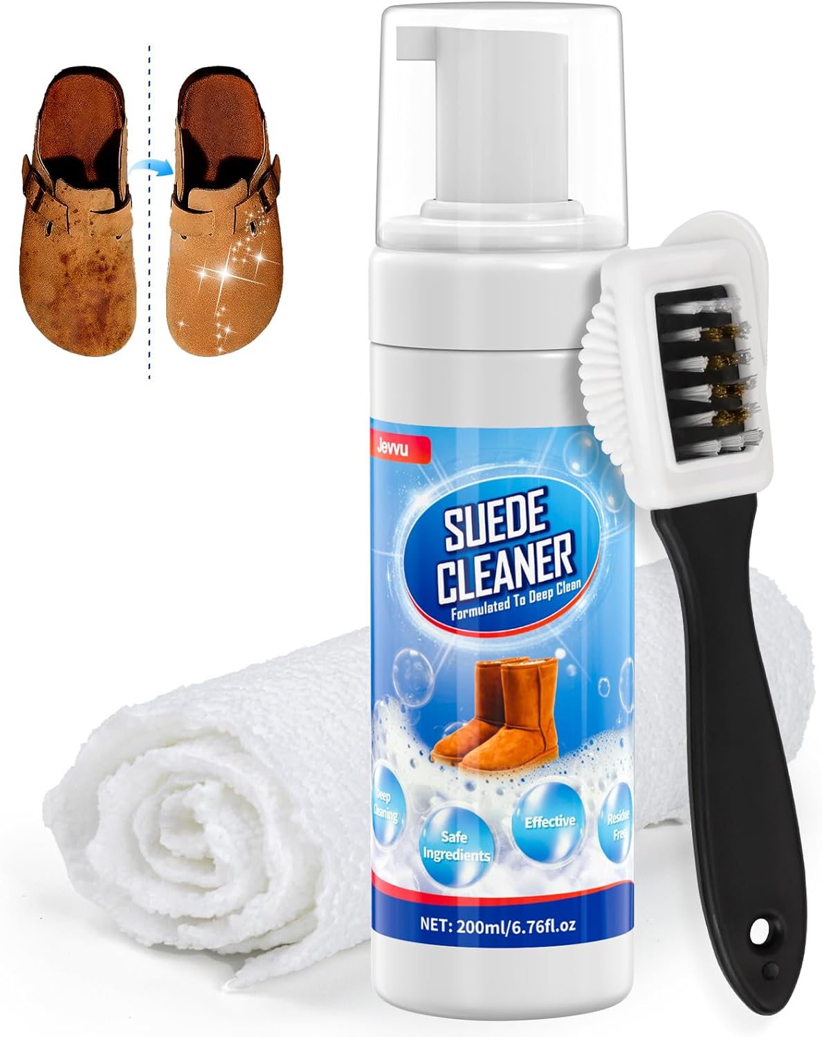 Jevvu Suede Shoe Cleaner, 6.76 fl oz Suede and Nubuck Cleaning Kit with Brush & Towel, Removes Dirt & Stains for Shoes