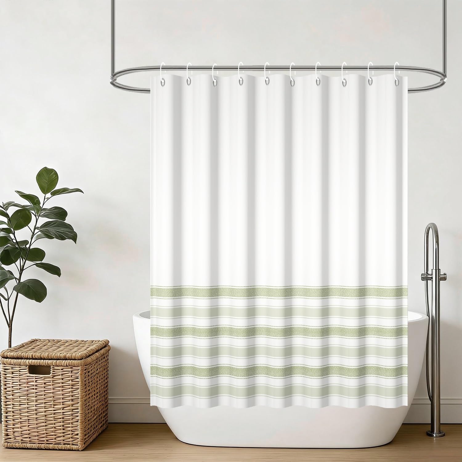 Yeele Off White Green Bottom Stripe Shower Curtain,Boho Minimalist Horizontal Line Shower Curtain Set, Waterproof Washable Fabric Shower Curtain Set with Hooks 54x72 Inch