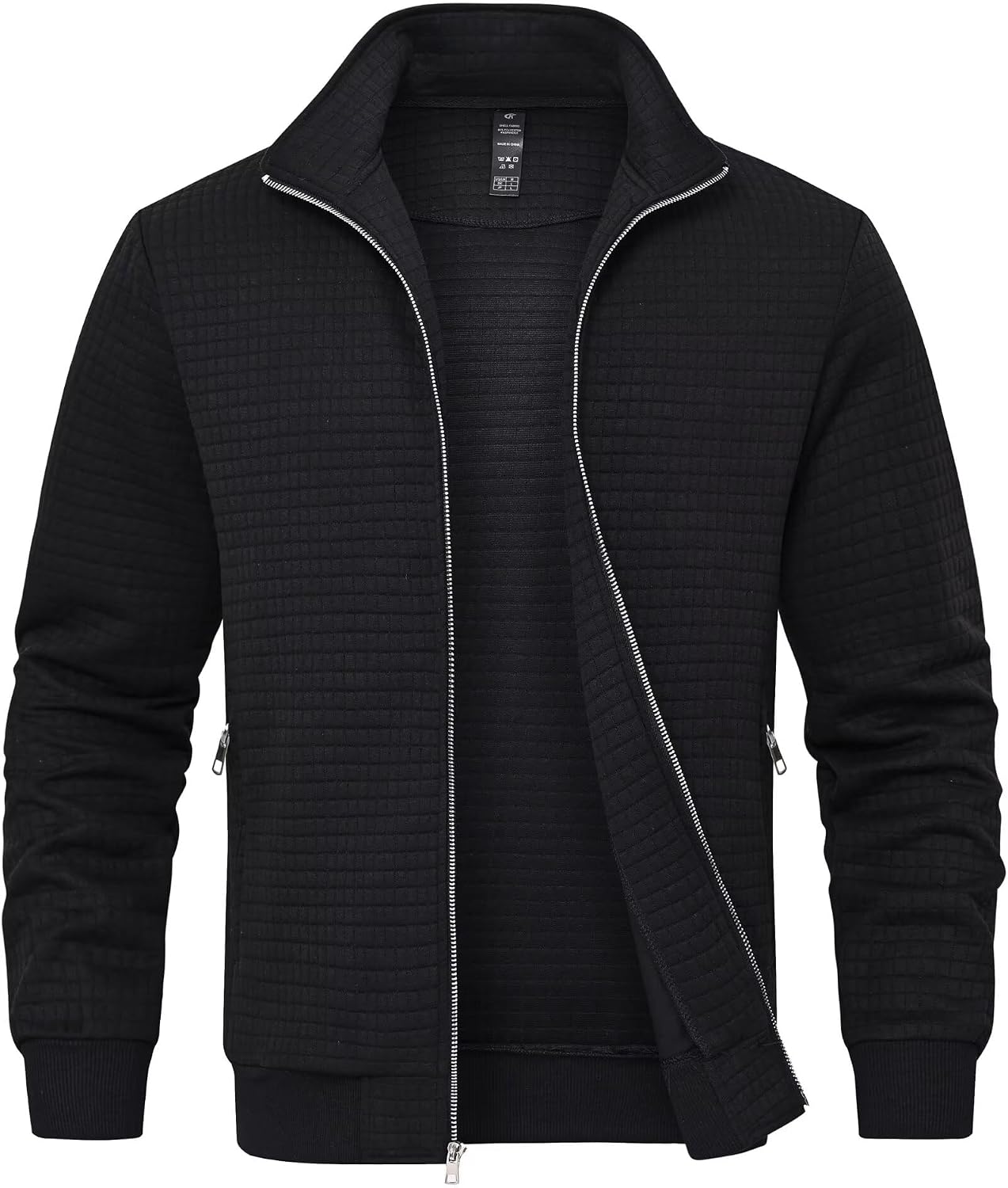 Satankud Men's Jacquard Waffle PlaidCloth Bright Metal Zipper Lightweight Jacket Black 2X-Large