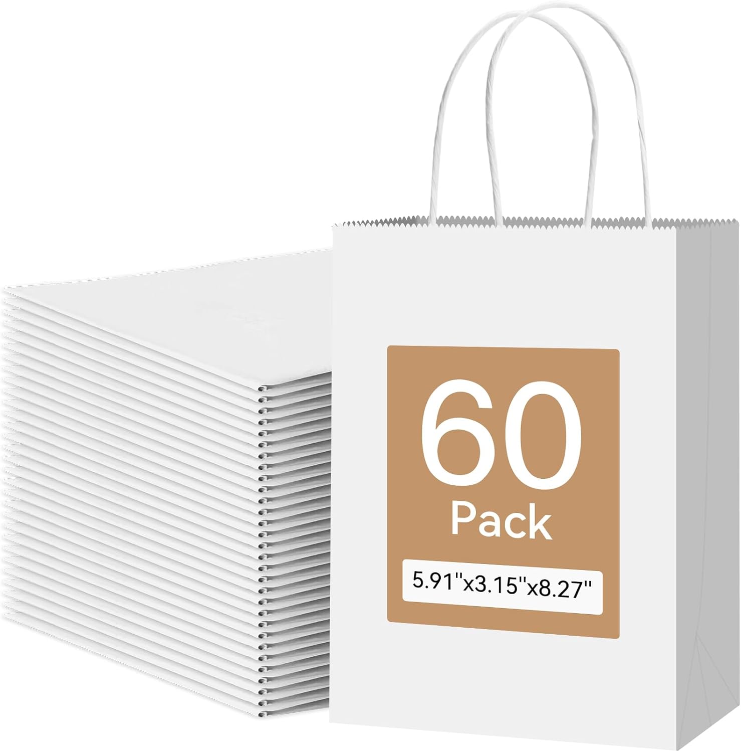 Qioxiou 60 Pack White Gift Bags 5.91x3.15x8.27 Small Kraft Paper Gift Bags with Handles Bulk, White Paper Sacks for Wedding Birthday Party Favor, Retail, Merchandise, Small Grocery, Shopping, Business