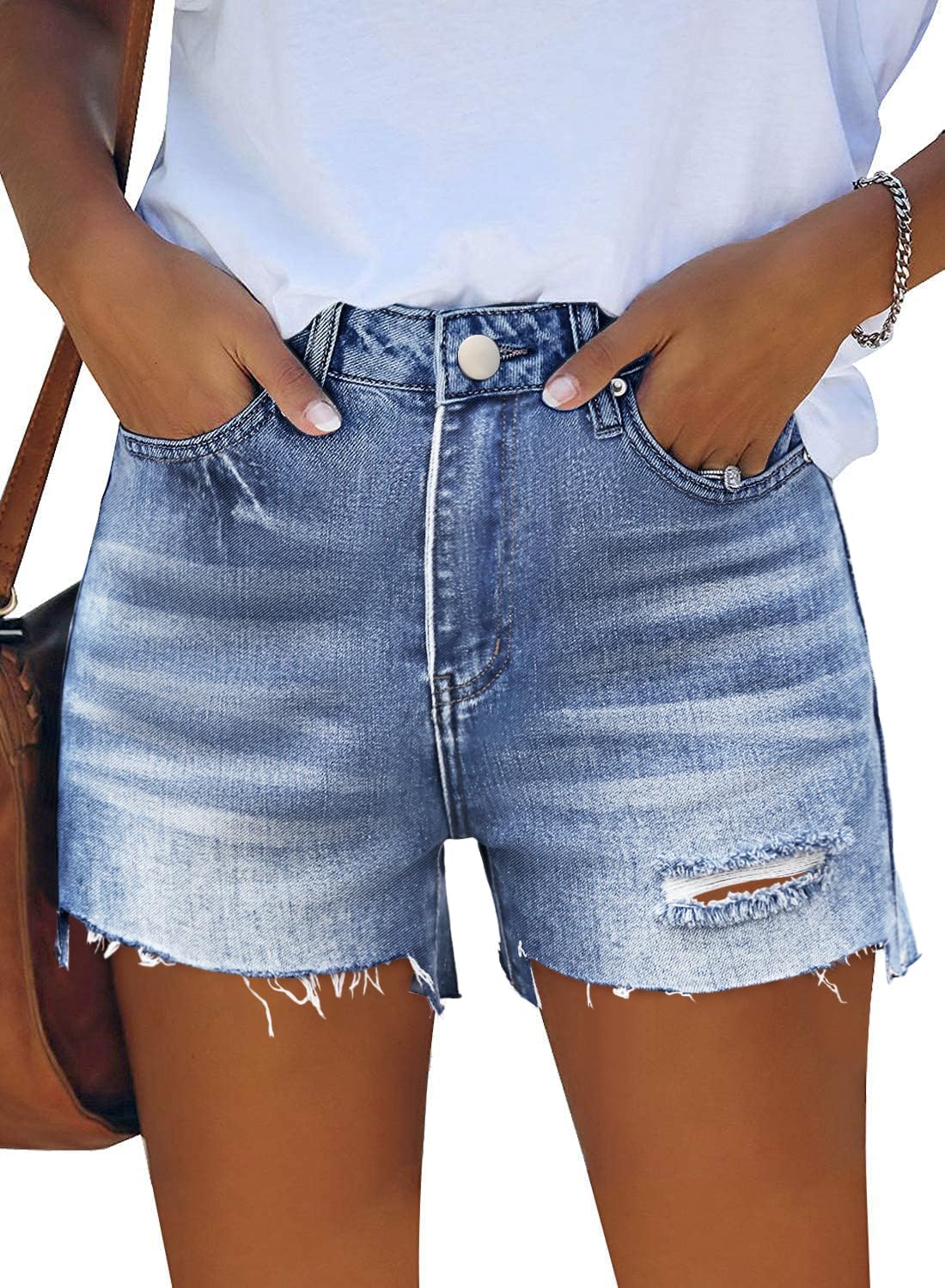RUBZOOF Women's Casual Summer Denim Shorts Mid Waisted Stretchy Ripped Jean Shorts with Pockets S-2XL
