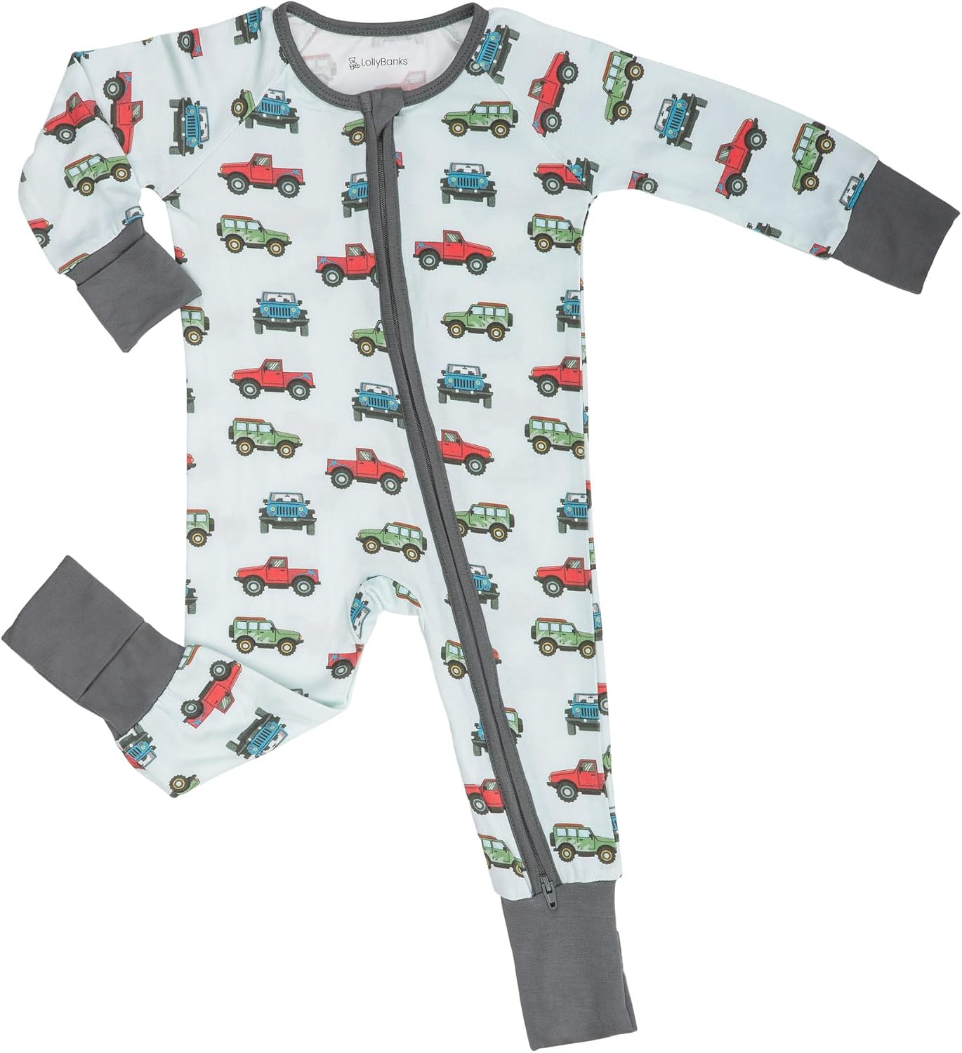 LollyBanks Baby Pajamas, 2-Way Zipper Infant Romper for Boys, 95% Viscose Made from Bamboo and 5% Spandex, Baby Sleepers 6-12 Months (Vehicle Print)