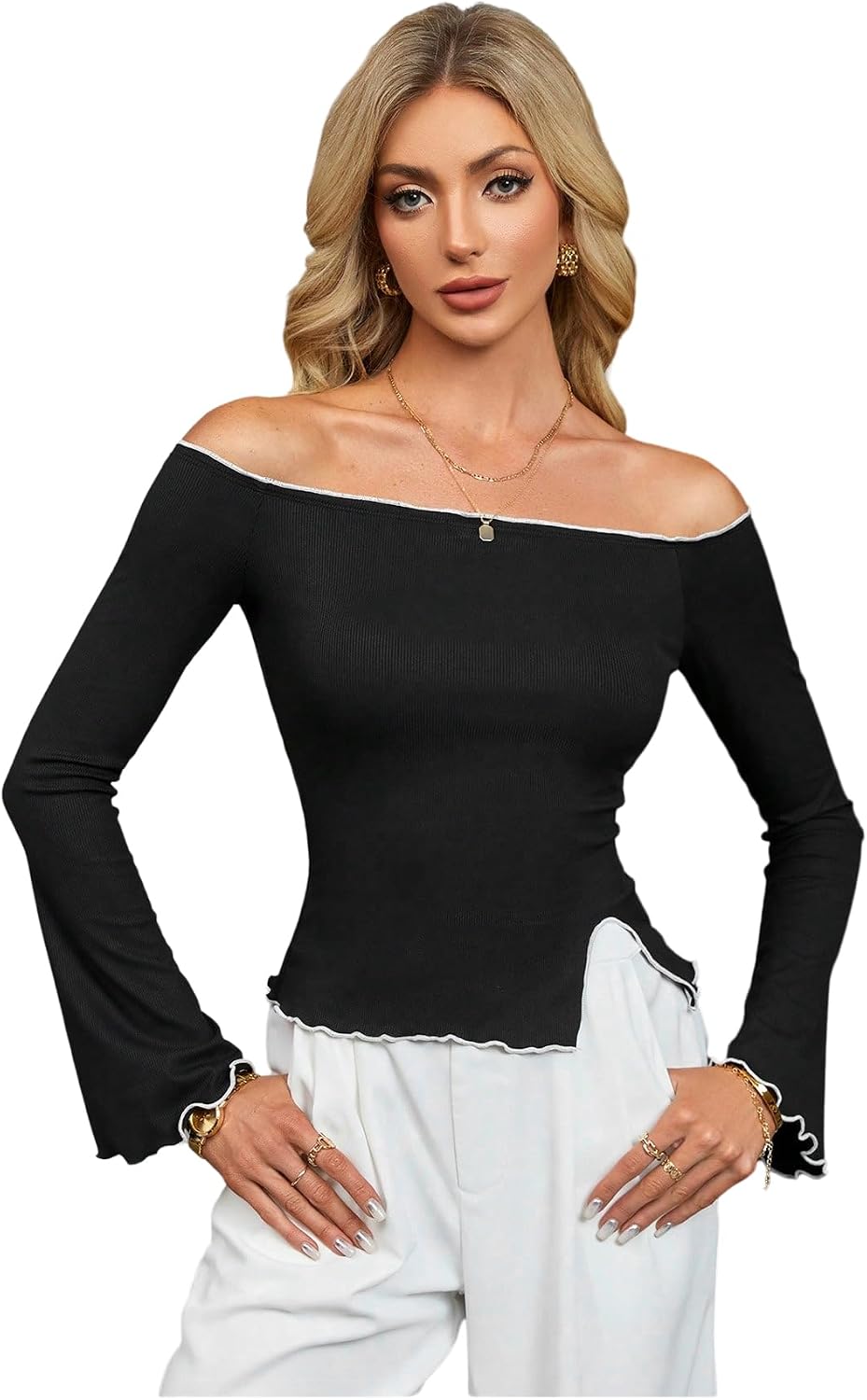 Women's Off The Shoulder Tops Bell Long Sleeve Split Hem Fall Going Out T Shirts