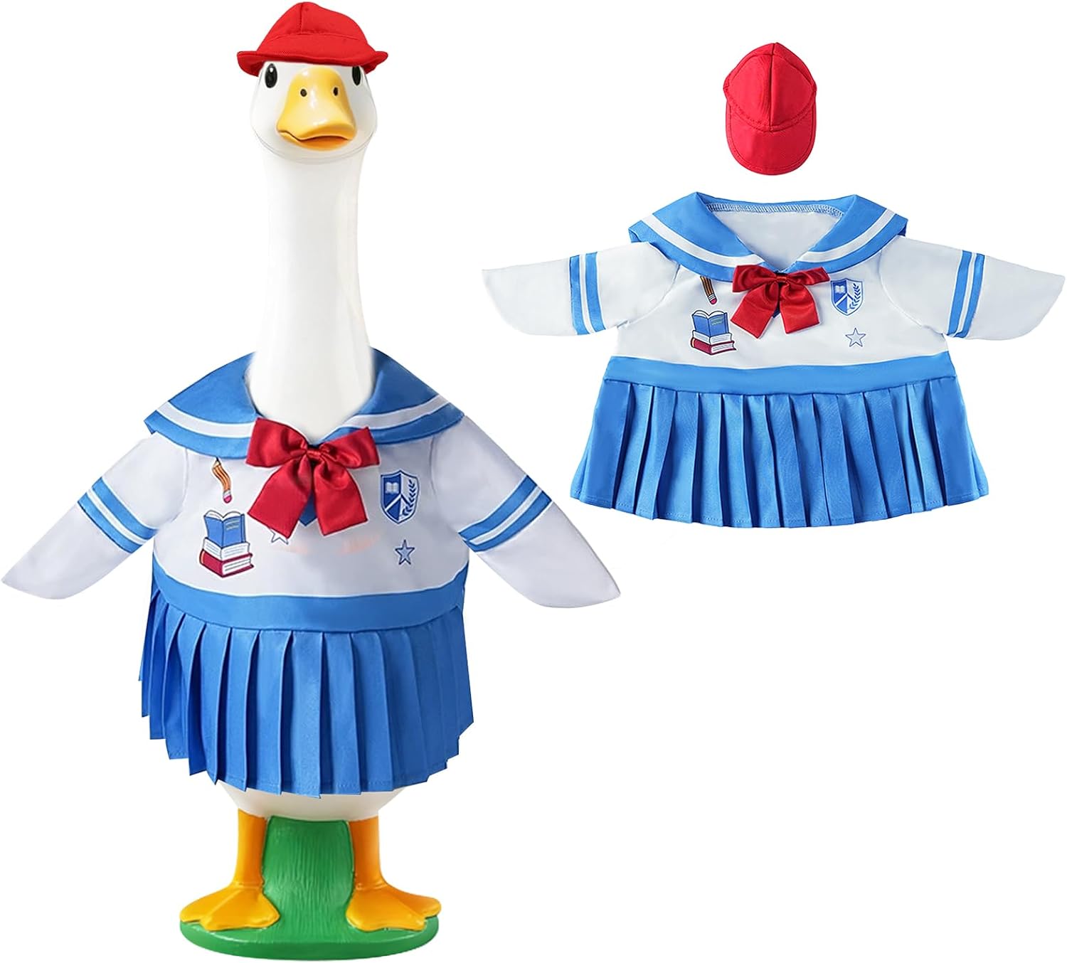 Threetols 23 inch Back to School Porch Goose Outfit, Goose Clothes for Plastic Concrete Geese Statue,Viral Kawaii Garden Statue Clothes, Funny Yard Art Decor Duck Costume with Red Hat