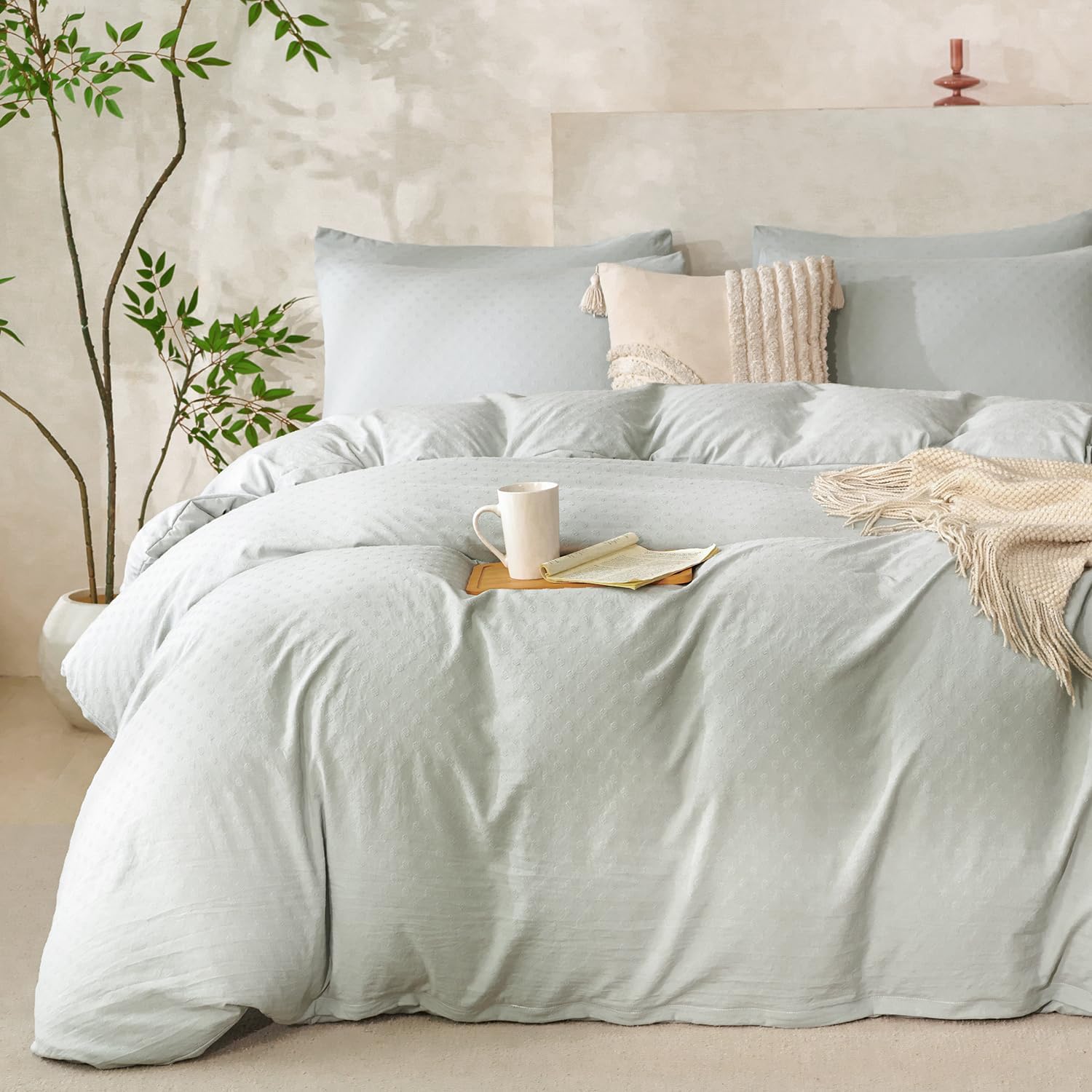 Sage Green Dot King Comforter Set Luxury Washed Microfiber Jacquard 3 Pieces Bedding, Sage Green Polka Dot Pattern King Comforter with 2 Pillowcases Soft Breathable Durable Comfy
