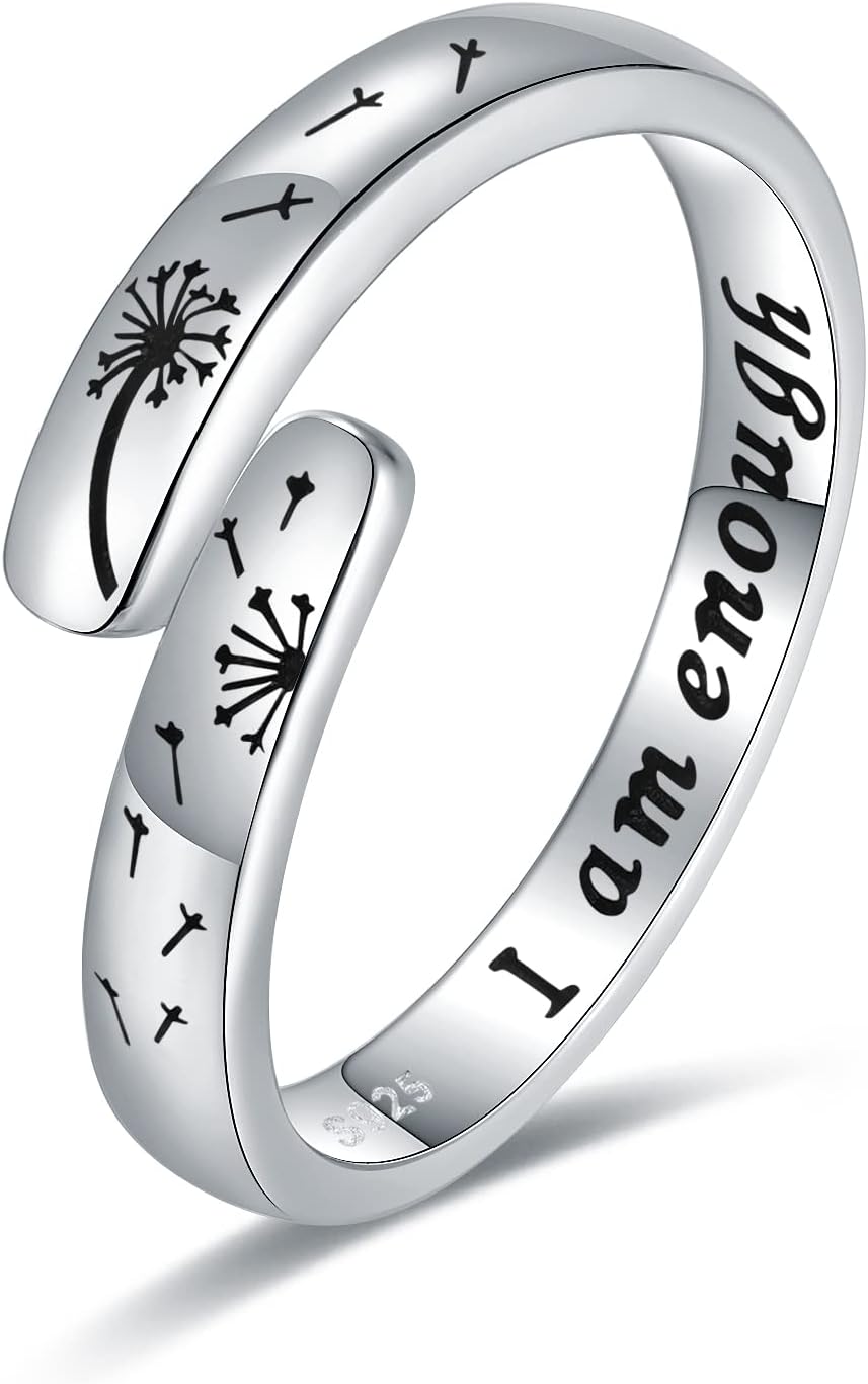 10.00 OFF 925-Sterling-Silve I Am Enough Dandelion Ring - Adjustable Open Nature Dandelion Jewelry Encouragement Inspirational Gifts for Women(Dandelion Ring)