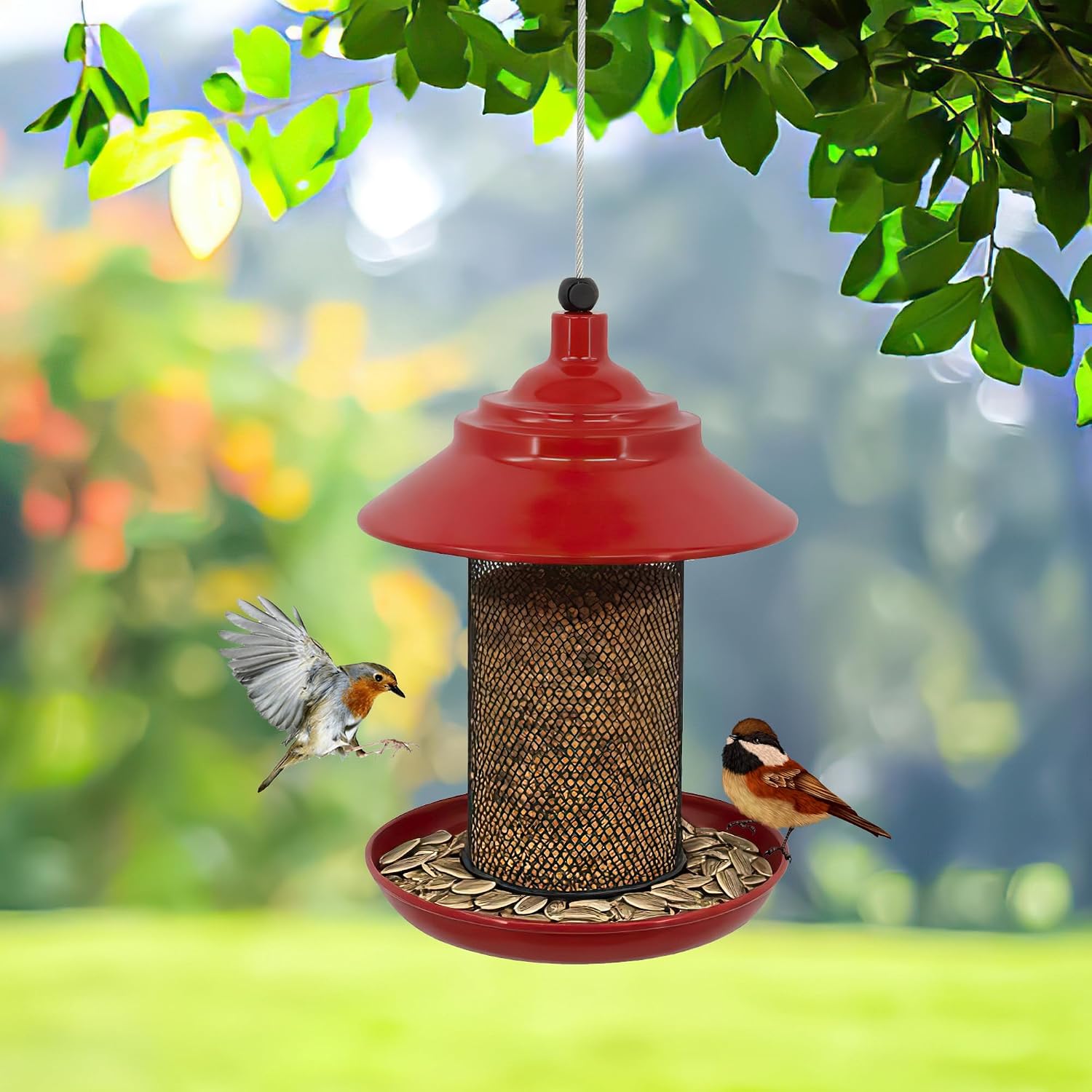 Bird Feeder 19.5in Metal Red Hanging Garden Decor