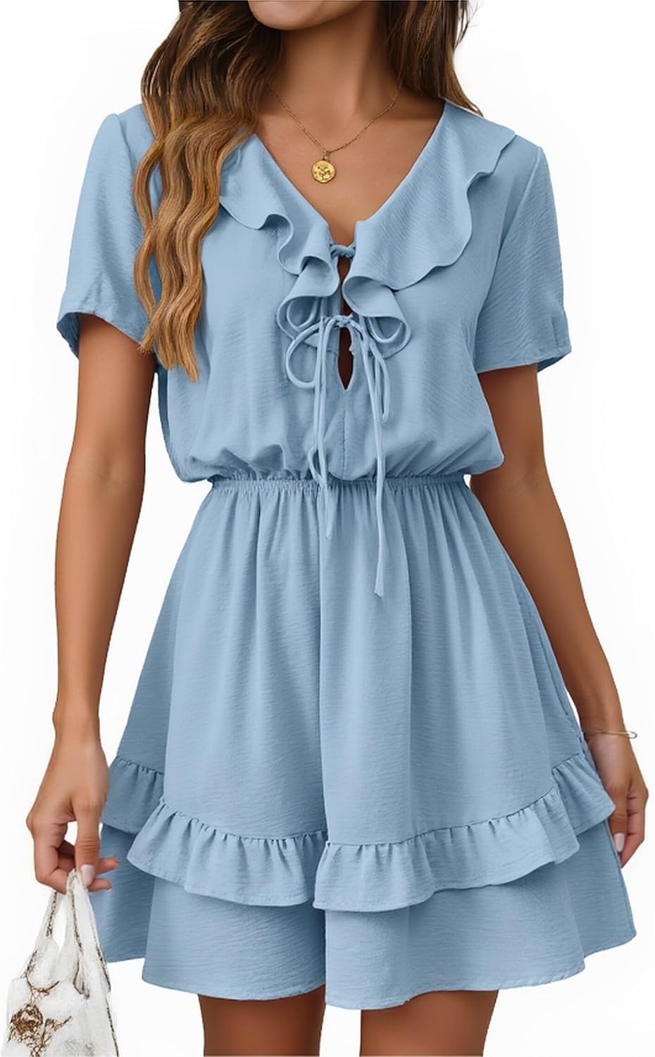 Angashion Womens Tie Front Mini Dress V-Neck Ruffle Hem Summer Pockets