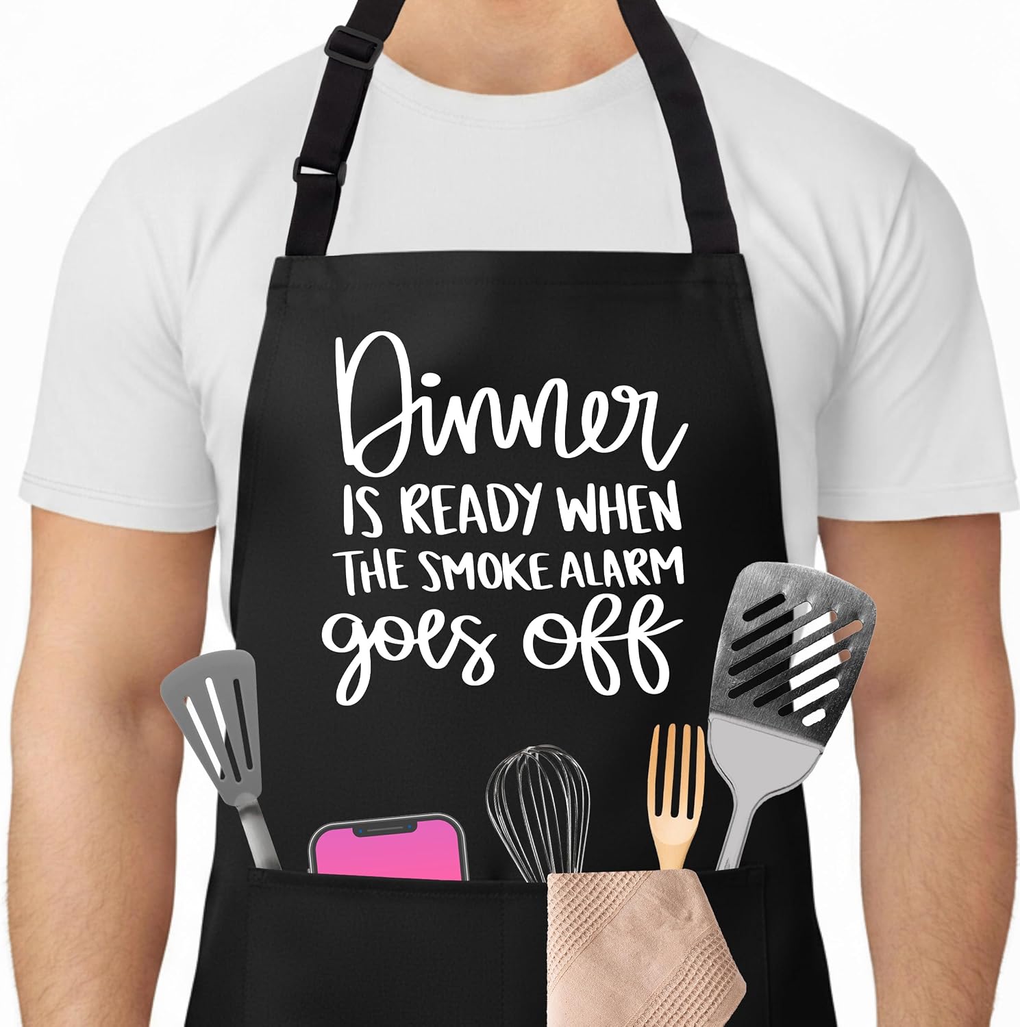 Funny Grilling Apron for Men Dinner is Ready When Smoke Alarm Goes Off Adjustable Bib with Pockets BBQ Birthday Gift for Husband Dad Boyfriend Humorous Cooking Apparel (B25)