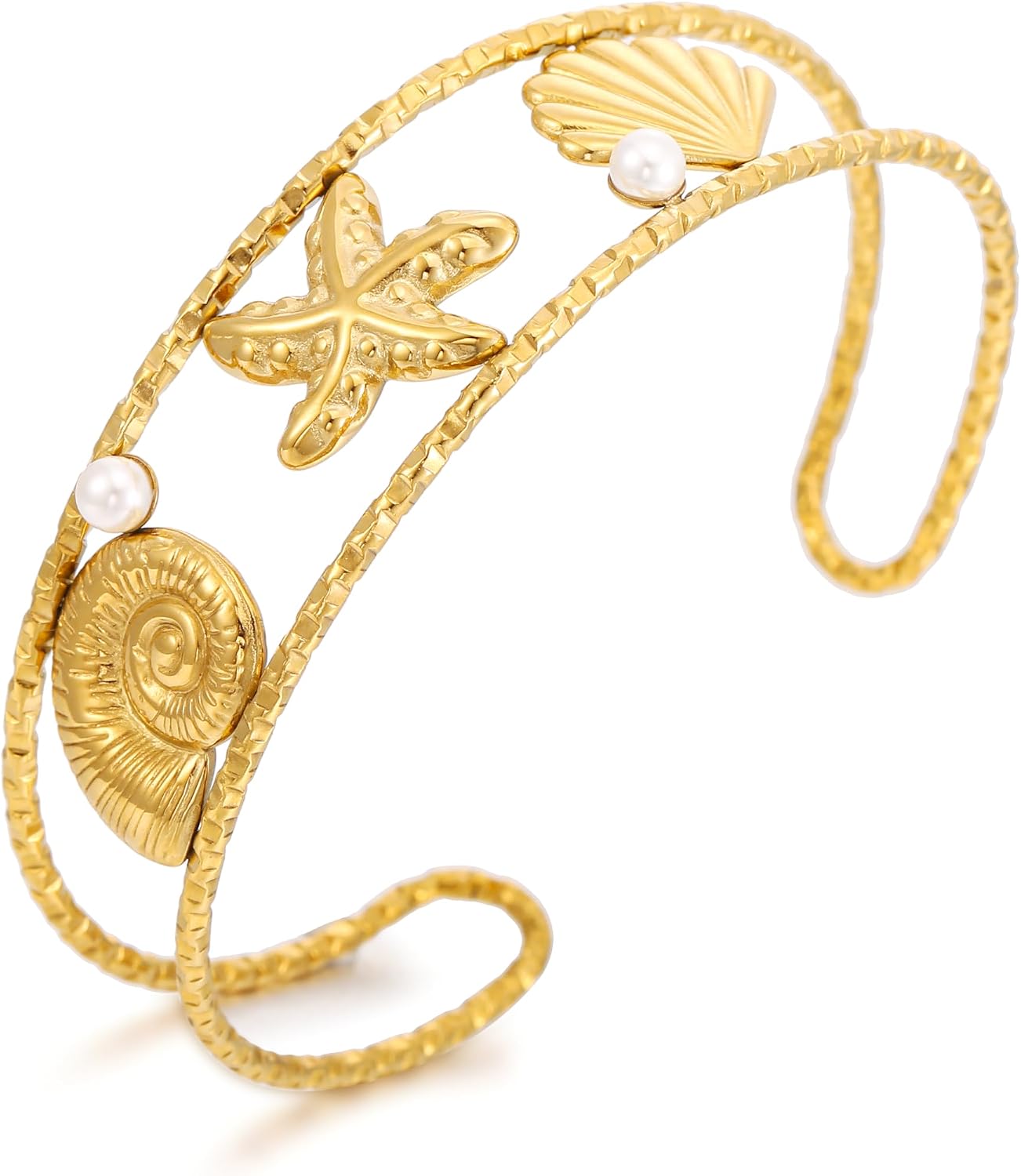 Gold Starfish Seashell Coach Cuff Bangle for Women Ocean Theme Bracelet Summer Jewelry