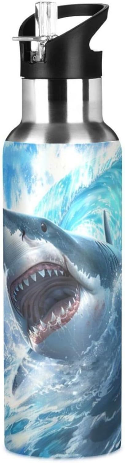 Cute Shark Blue Ocean Wave Water Bottle Kids Boys Girls Insulated Stainless Steel Hot Cold Water Flask with Straw Lid for Sports Gym Running 20 oz