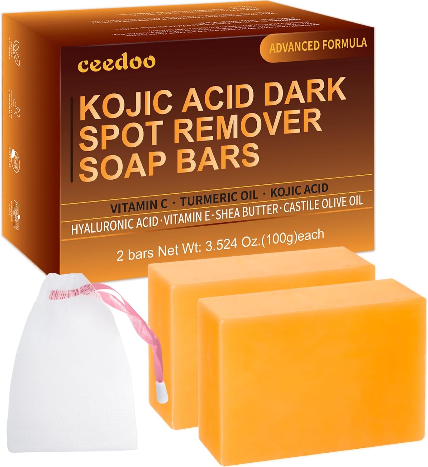 ceedoo Kojic Acid Soap for Dark Spot Remover Bars with Turmeric, Vitamin C, Retinol, Collagen with Hyaluronic Acid, Vitamin E, Shea Butter, Castile Olive Oil - 3.52 OZ x 2 (Orange, with Shower Bag)