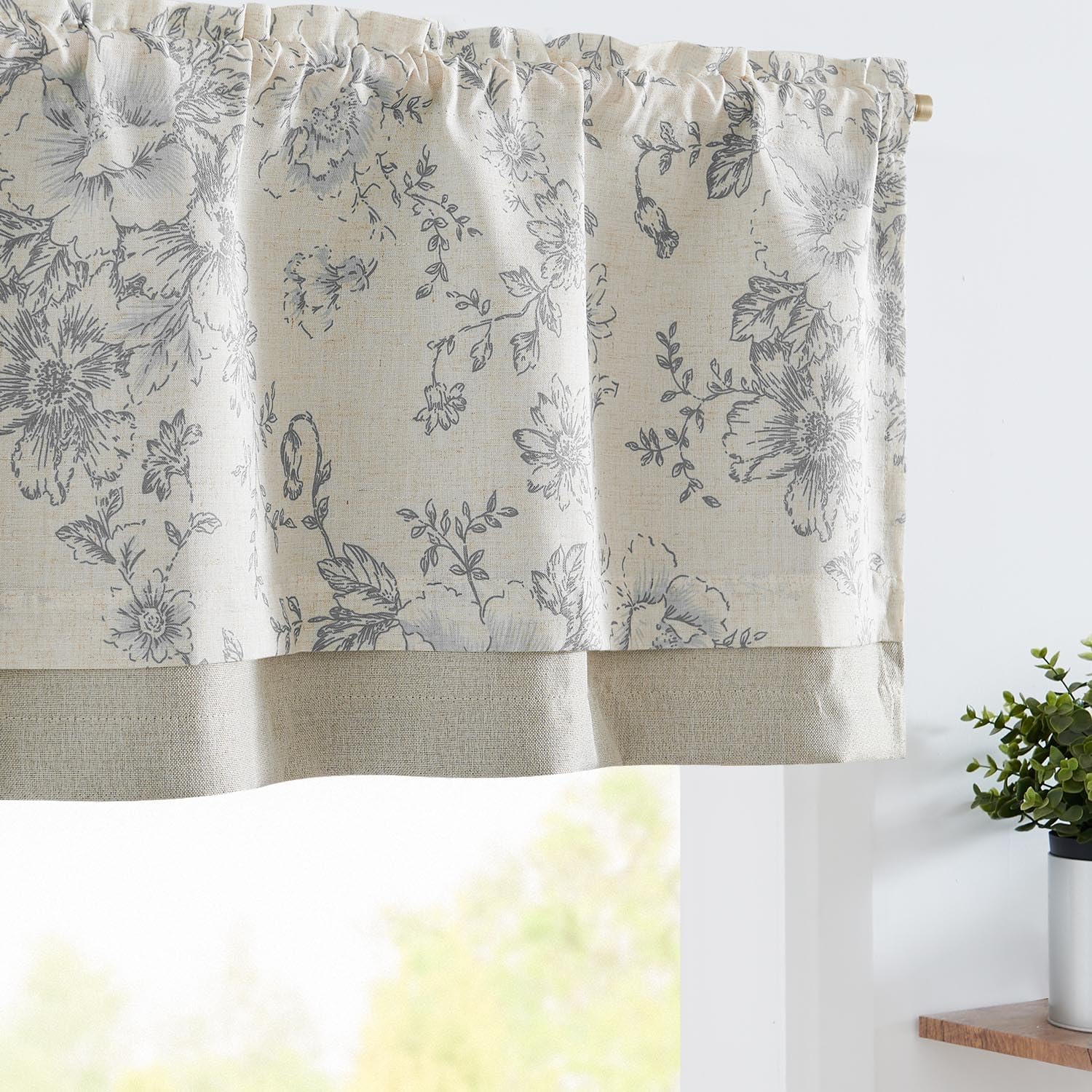jinchan Floral Linen Kitchen Valance Curtain, 50x16, 1 Panel, Grey