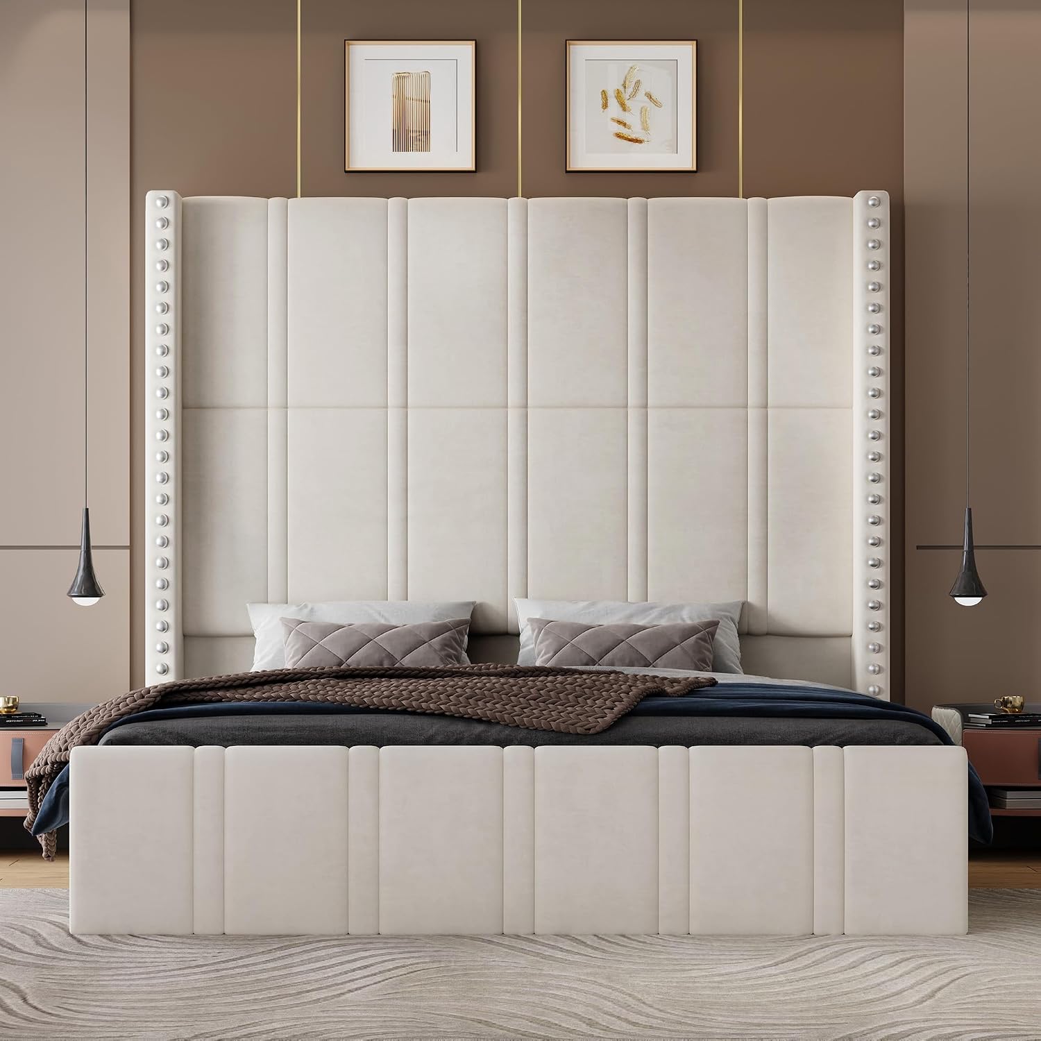Queen Bed Frame with 65.75" Tall Headboard, Modern Velvet Upholstered Platform Bed with Storage Pockets & Wide Wingback, Noise-Free, No Box Spring Needed, Easy Assembly, Beige Beige Queen (U