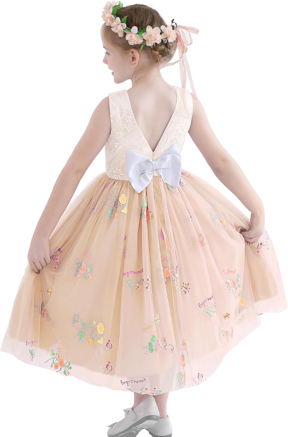 Toddler Flower Girl Dress Wedding Lace V Back Tulle 2-7Y