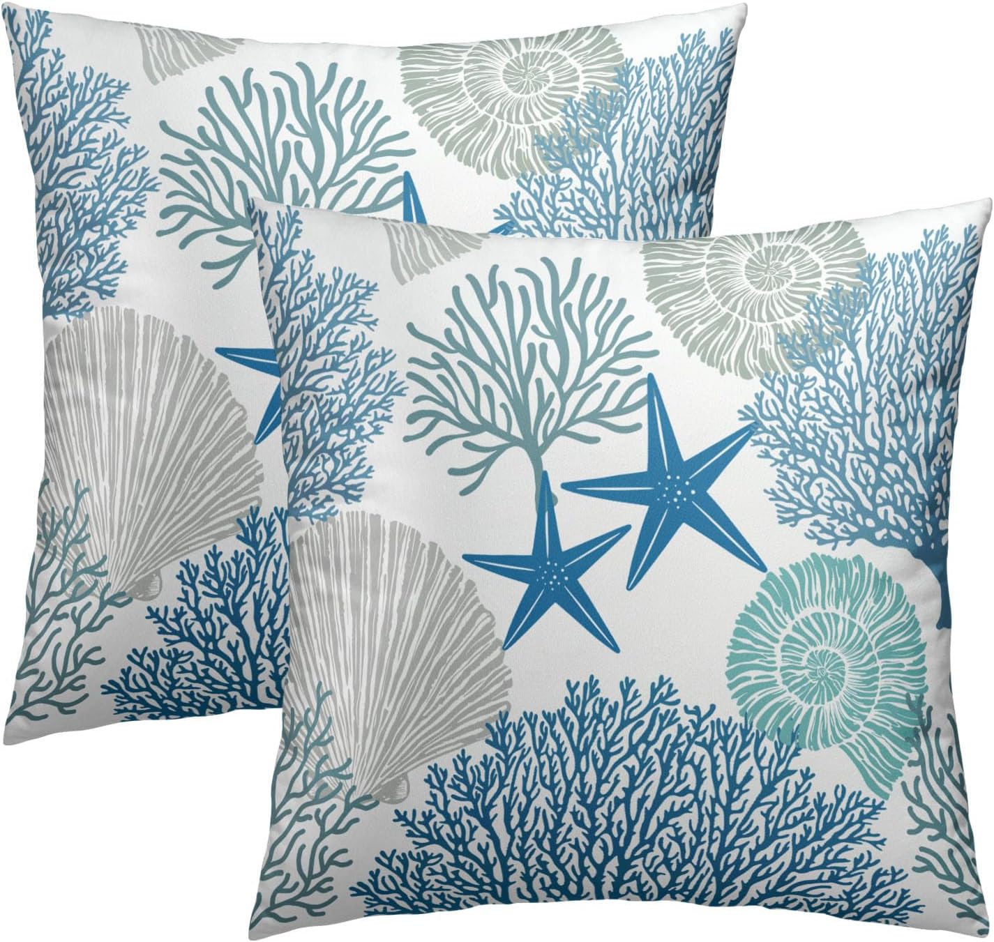 Summer Ocean Themed Nautical Coastal Throw Pillow Covers 20X20 Inches Set of 2 Blue Seashell Starfish Coral Pillowcase Soft Cotton Square Cushion Covers for Home Sofa Patio Bedroom Decoration