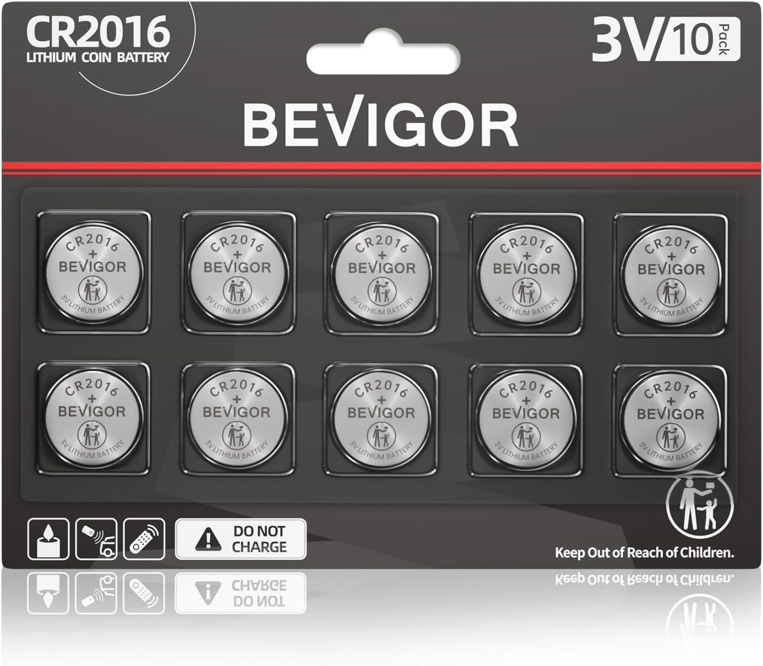 BEVIGOR 2016 Battery Compatible with AirTag CR2016 Lithium 3V Coin Battery for Child Safety, Suitable for Key Fobs, Smart Sensors, Scales, Candles and More (CR2016-10P)