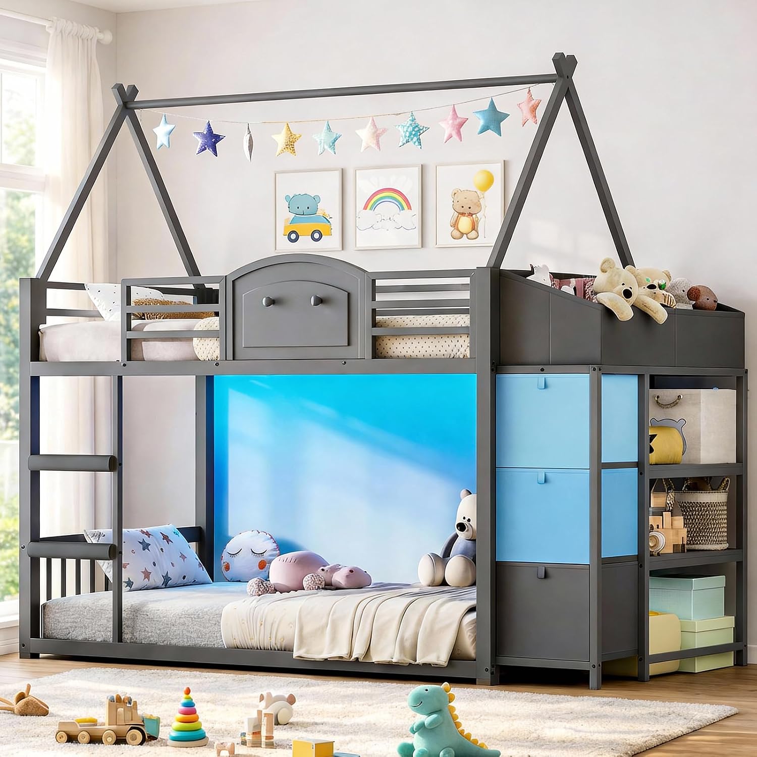 30.00 OFF VIAGDO Bunk Bed Twin Over Twin with 3 Storage Drawers and Shelves, House Shaped Bunk Bed with Stairs and Guardrail, Metal Twin Floor Bed with LED Lights for Kids Teens Boys Girls, Dorm, Bedroom, Grey