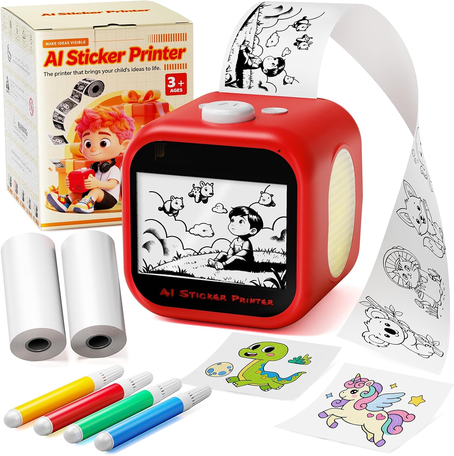 Memoking AI Sticker Printer for Kids, AI Voice Powered Mini Sticker Maker, Mini Thermal Printer (Red)