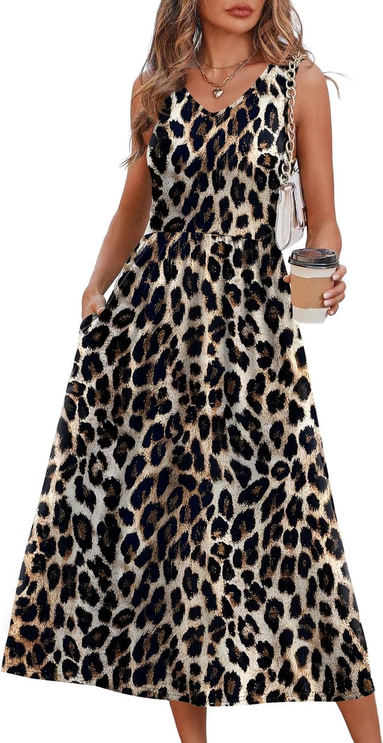 OFEEFAN Summer Dresses for Women 2026 Flowy Casual Midi Dress V Neck Beach Vacation Sundresses with Pockets