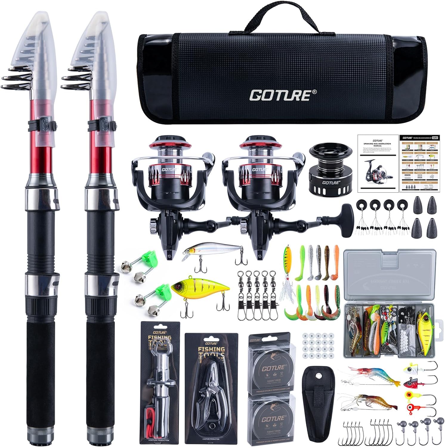 Goture 2-Pack 2.1M Fishing Rod and Reel Combo with Carrier Bag