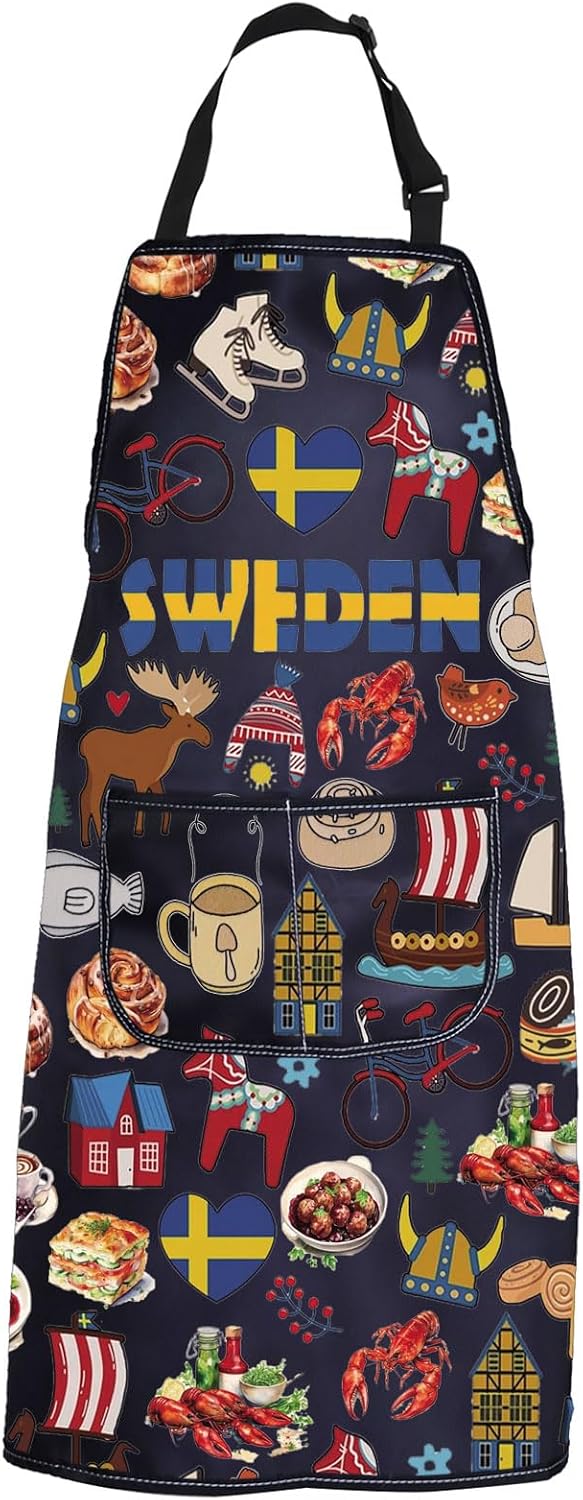 PXTIDY Swedish Chef Apron Kitchen Gifts Sweden Europe Cuisine Kitchen Apron with Pockets Sweden Trip Souvenir Gift