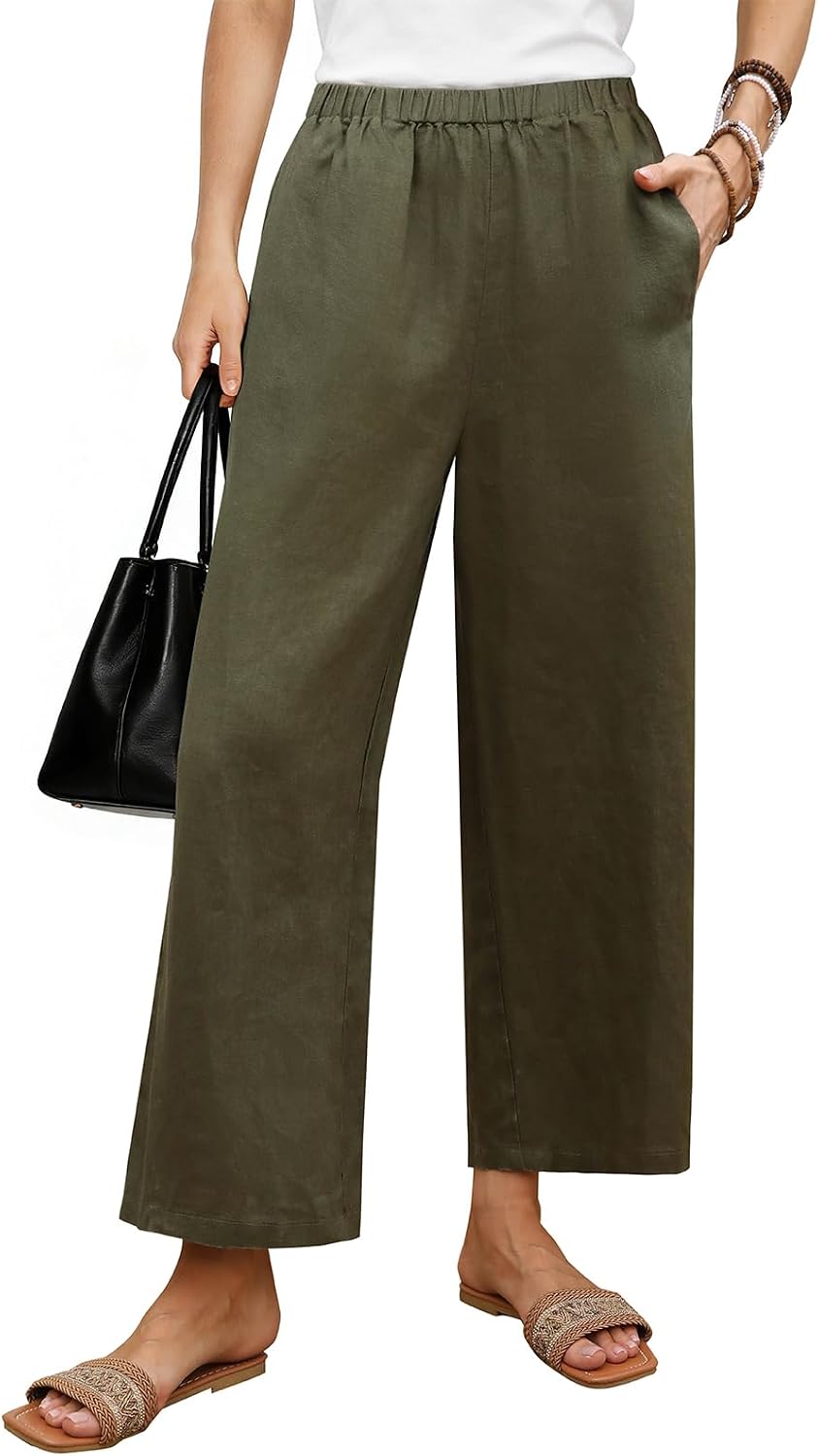 Women's 100% Linen Wide Leg Palazzo Summer High Waist Lounge Flowy Cropped Capri Pants with Pockets