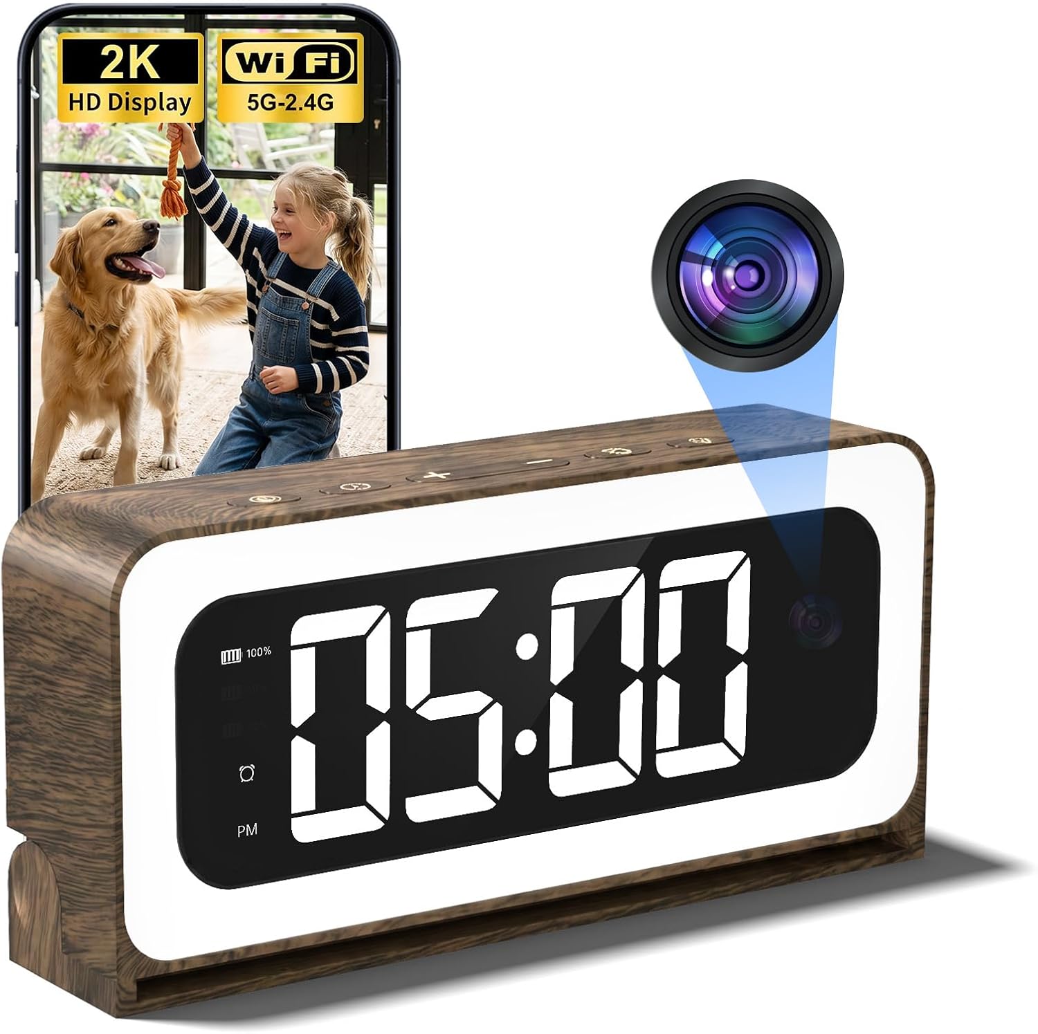 Clock Camera 2K,5G&2.4G WiFi Indoor Security Camera Wood Grain,Cameras for Home Security,3 in 1 Indoor Camera with Alarm,Full Color Night Vision Human Motion Detection Local Storage