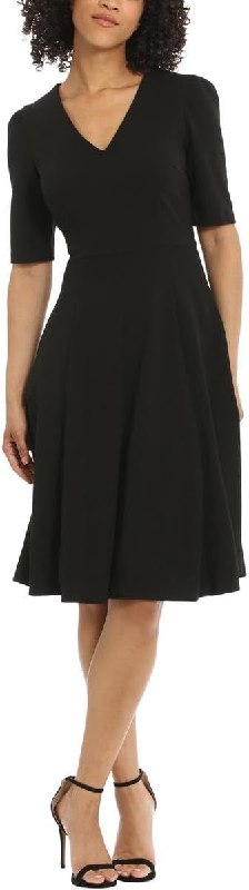 Donna Morgan Women's Dresses Stretch Crepe Elbow Sleeve V-Neck Fit and Flare Midi Dress