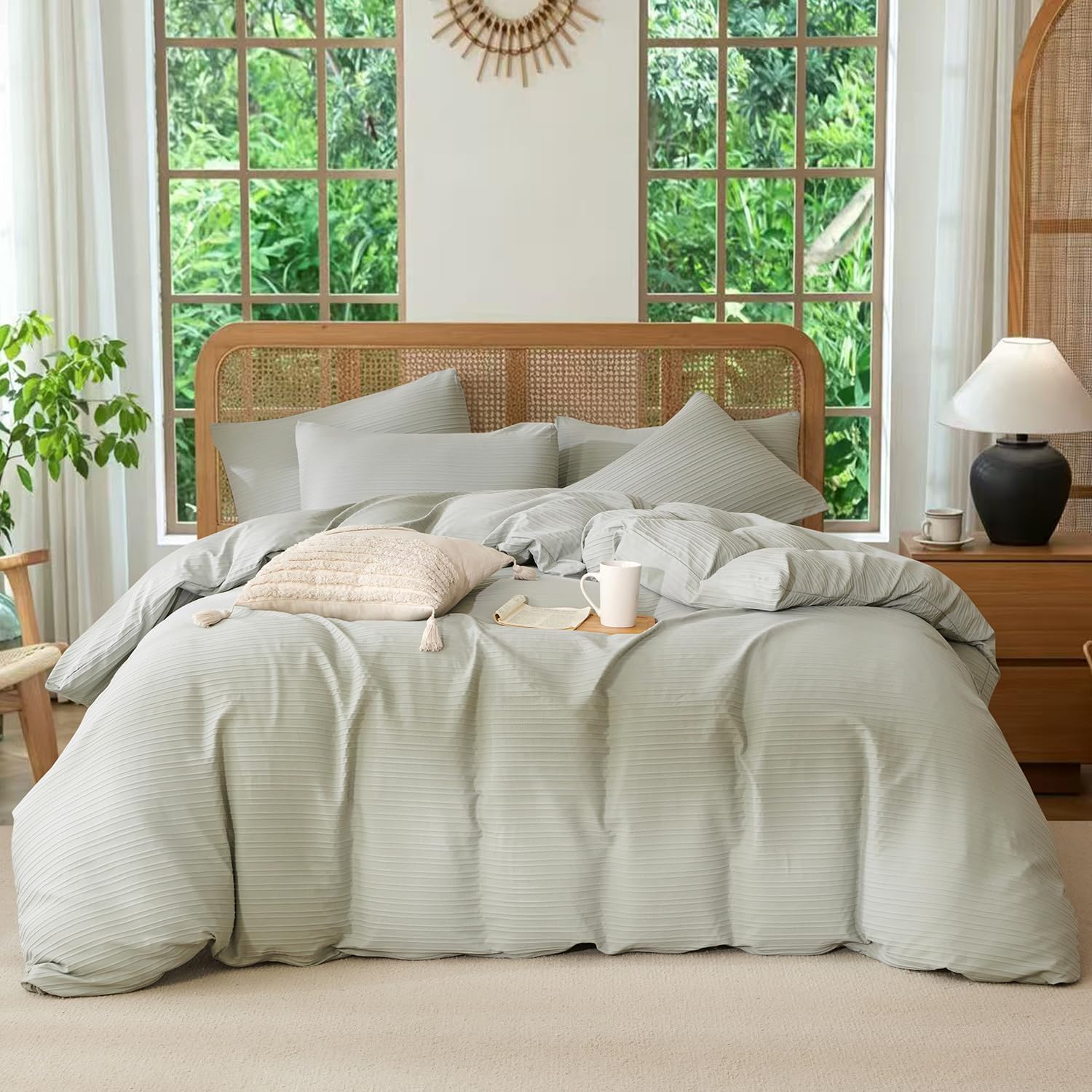 Sage Green King Size Comforter Set Striped Luxury Washed Microfiber Jacquard 3 Pieces Bedding, Sage Green Vertical Ticking Striped Comforter with 2 Pillowcases Soft Breathable Durable Comfy