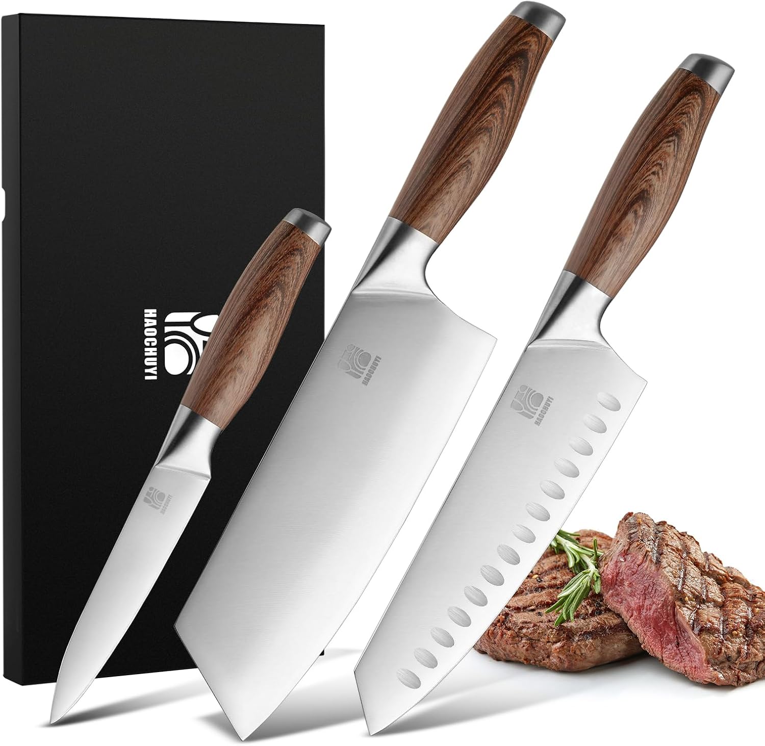 HAOCHUYI 3-Piece Professional Chef Knife Set - Ultra-Sharp Kitchen Knives with Ergonomic Steel Handle, Ideal for Home, Outdoor, Camping, BBQ, and Gifts for Men