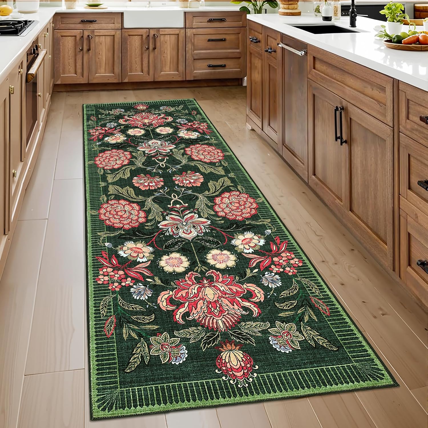 GarveeHome Forest Green Floral Botanical 2.5x8 Washable Kitchen Runner Rugs Non Slip Vintage Boho Cottage Long Rug for Hallways Bedroom Entryway Bathroom Mat with Rubber Back