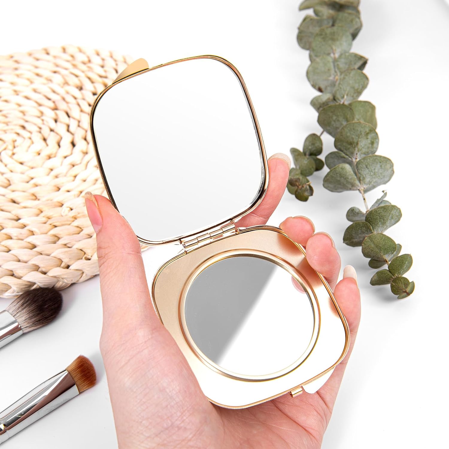Travel Small Compact 1X/2X Mirror - Handheld, Foldable, Lightweight - Mini Pocket Magnifier for Wallet - Square 3.0 inches x 2.8 inches (Gold)