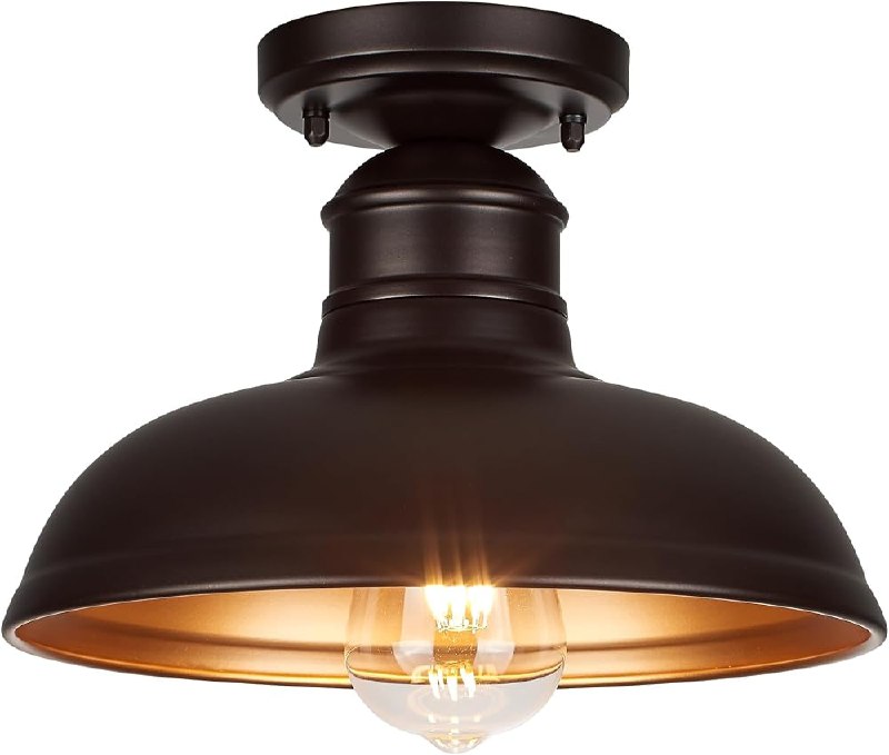 PR!CE DROP ( ) GOLDHILL 10" Semi Flush Mount Ceiling Light, Oil Rubbed Bronze Industrial Barn Shade with Gold Interior, 1-Light Bowl Fixture for Kitchen Island, Hallway and Covered Porch