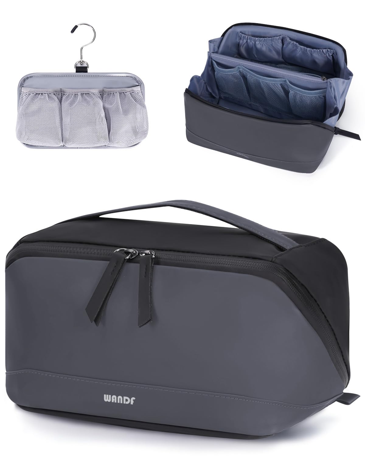 WANDF PU Leather Toiletry Bag for Men, Dopp Kit with Hanging Pouch