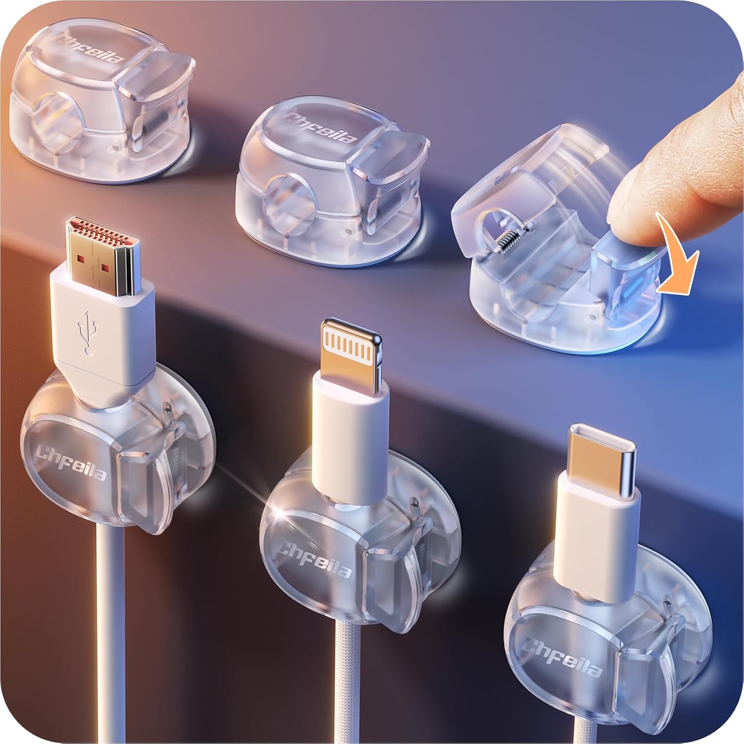 Chfeila 6 Pack Cable Clips, Dorm Room Essentials - Dual Spring Cord Organizer for Cubicle Decor, Cute Desk Organizers and Accessories, Teen Dorm Room Decor, Cubicle Accessories, Nightstand,Clear White
