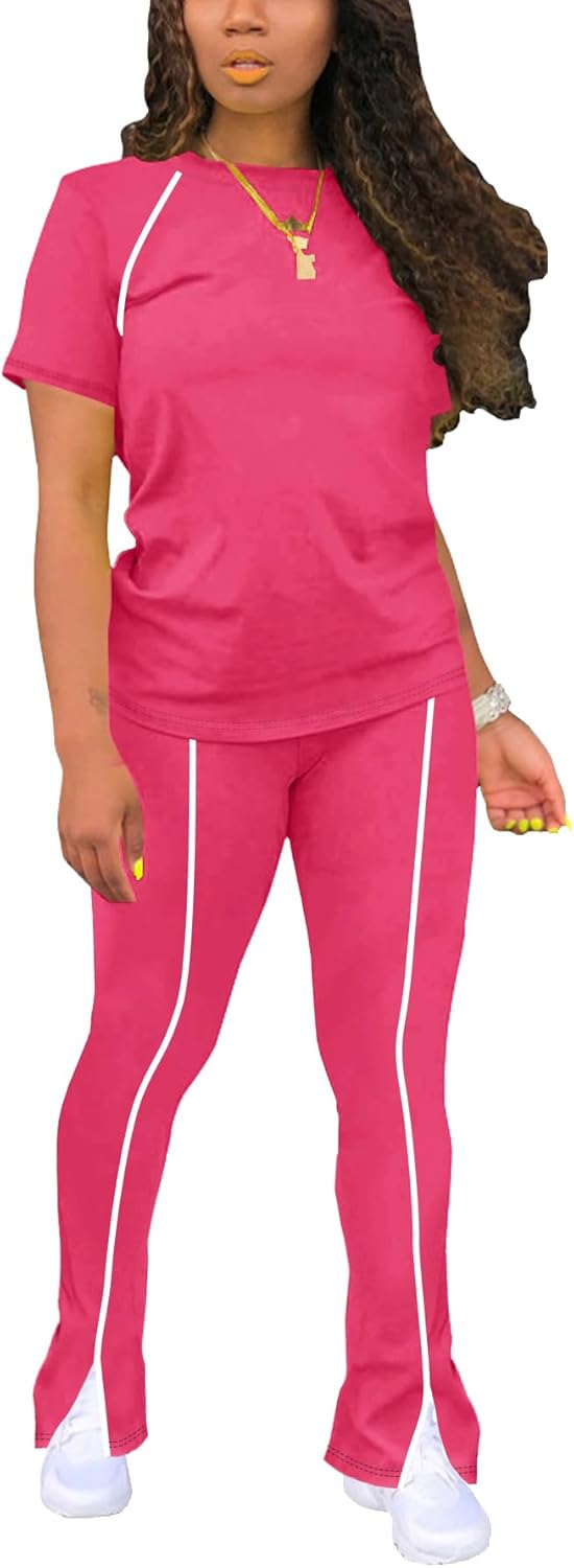 STOLKISS Women 2 Piece Outfits Summer Workout Sweatsuit Striped Short Sleeve Long Flare Pants Casual Travel Tracksuit
