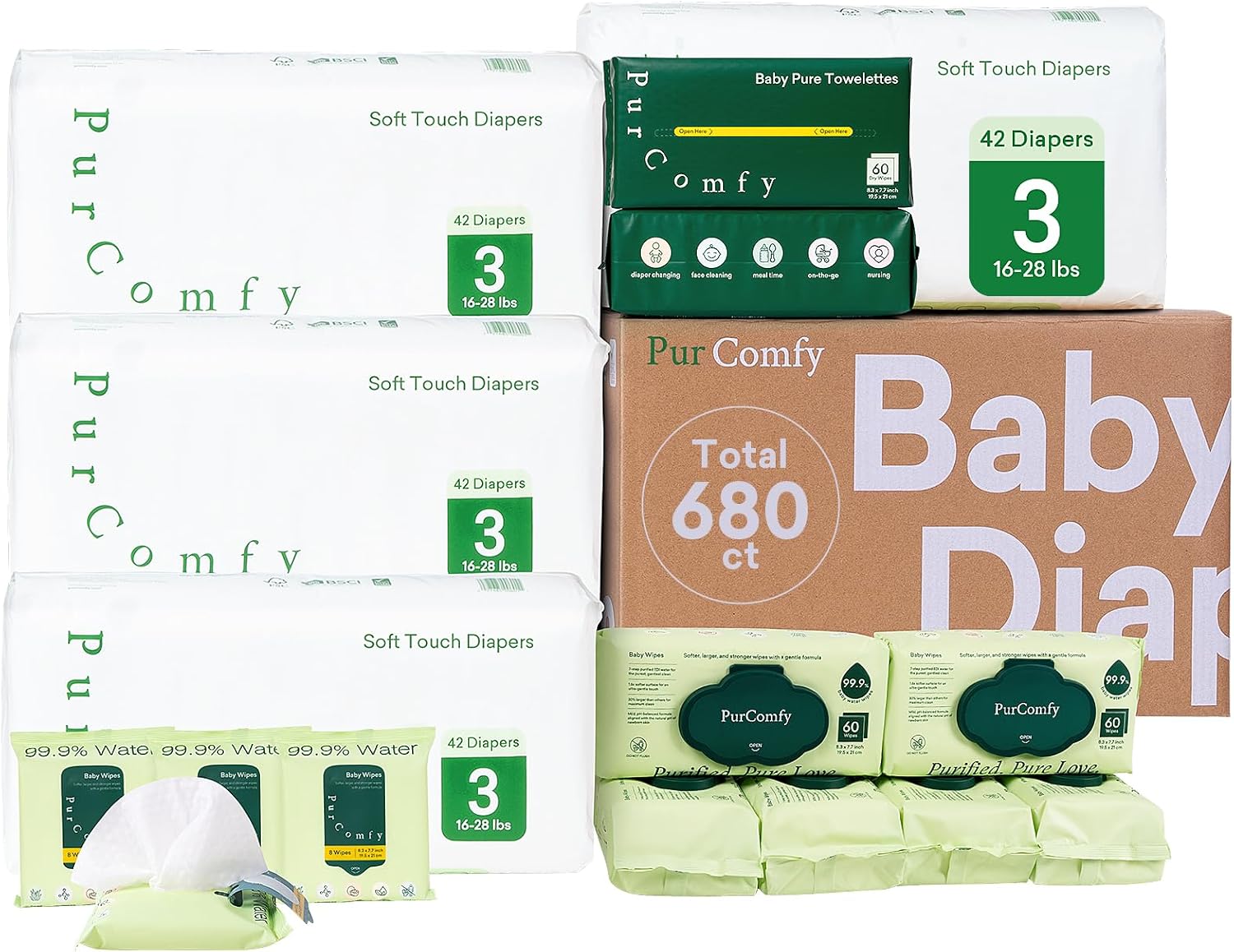 PurComfy Baby Diapers Essential Kit, 4 Pack Size 3 Diapers (168 Ct), 6 Pack (360Ct) Water Wipes and 2 Pack (120Ct) Dry Wipes, All in One Newborn Essentials Kit and Baby Gift for Sensitive Sk