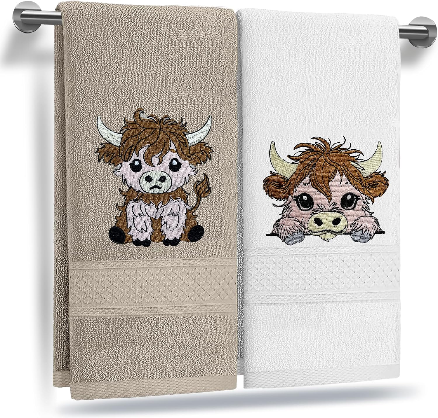 Funny Highland Cow Bathroom Hand Towels Set of 2, Highland Cow Gifts for Women,Embroidered Towels,Farmhouse Decorative Bath Towels for Bathroom Kitchen,100% Cotton,14 x 29Inch