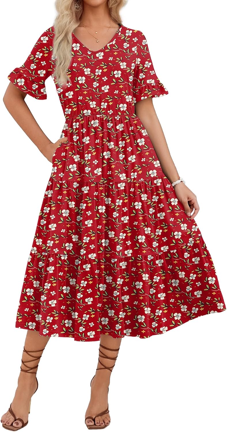 ZEAGOO Women's Summer Dresses Midi Tiered Casual Dress Floral V Neck Ruffle Short Sleeve Flowy Beach Dress with Pockets
