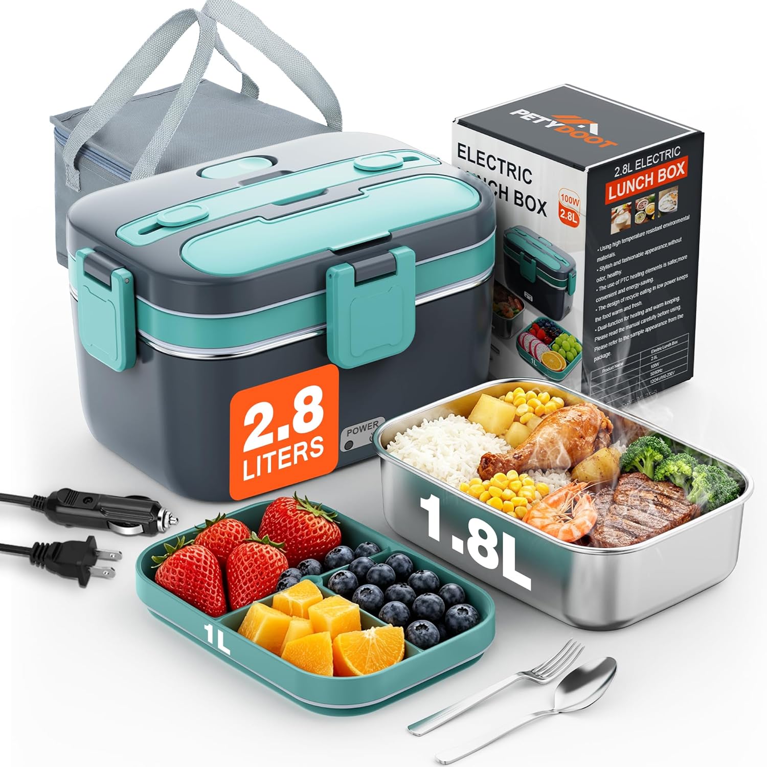 PETYDOOT Electric Lunch Box Food Heater: 2.8L 2-Layer Portable Heated Lunch Box for Adults, 100W Fast Heating Food Warmer, 12/24V/110-230V Lonchera Eléctrica Portátil for Office/Car