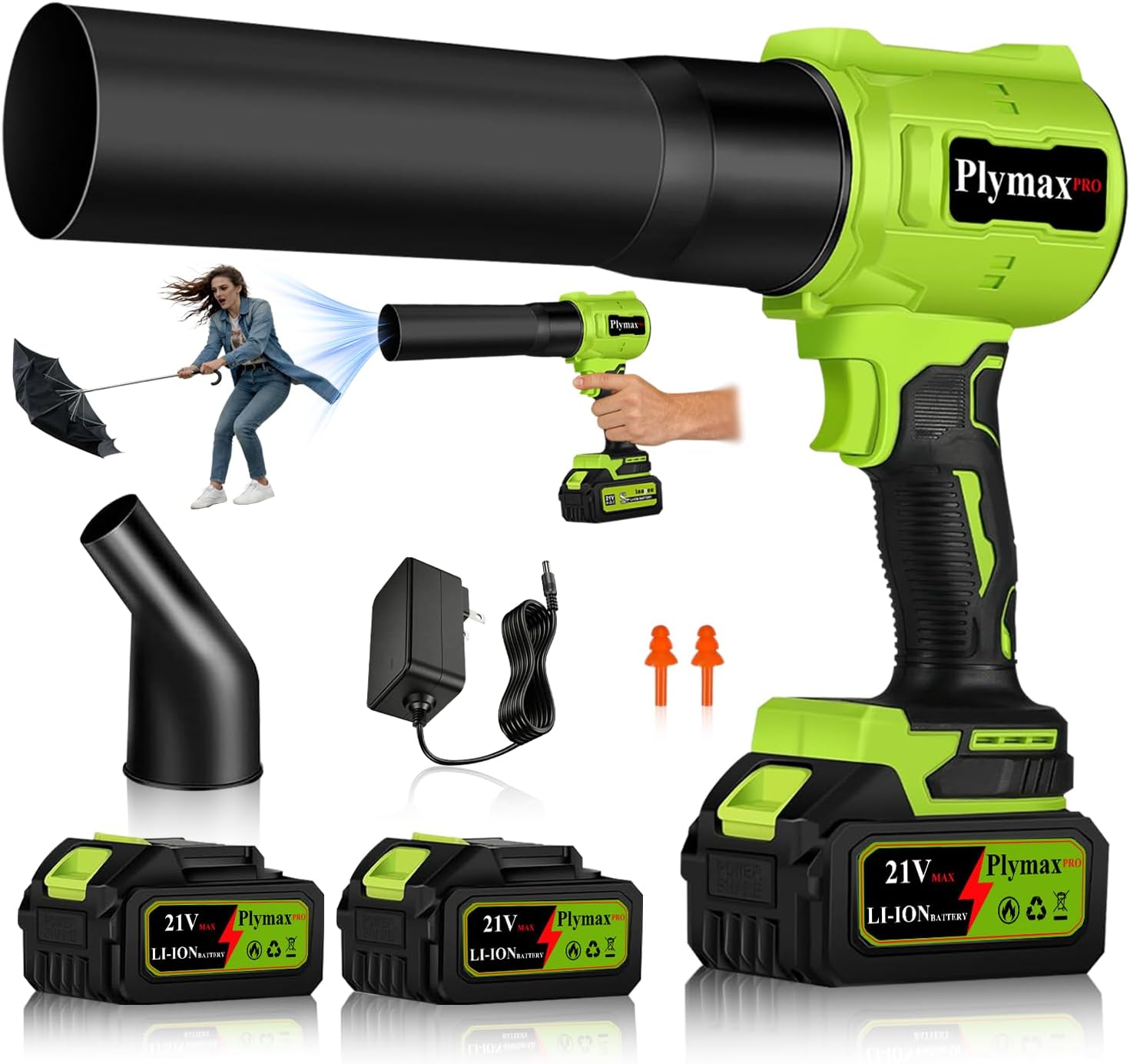 Plymax Cordless Leaf Blower, 800,000 RPM Electric Handheld Blower, Leaf Blower Cordless with 2×4.0Ah Batteries & Charger,Snow Blowers with 2-Nozzles for Patio,Lawn Care,Dust,Snow & Car Drying