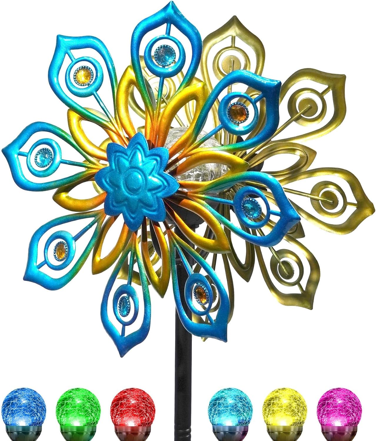 VUFOZ 63" Solar Wind Spinners Outdoor, 13" Metal Kinetic Garden Art Decor