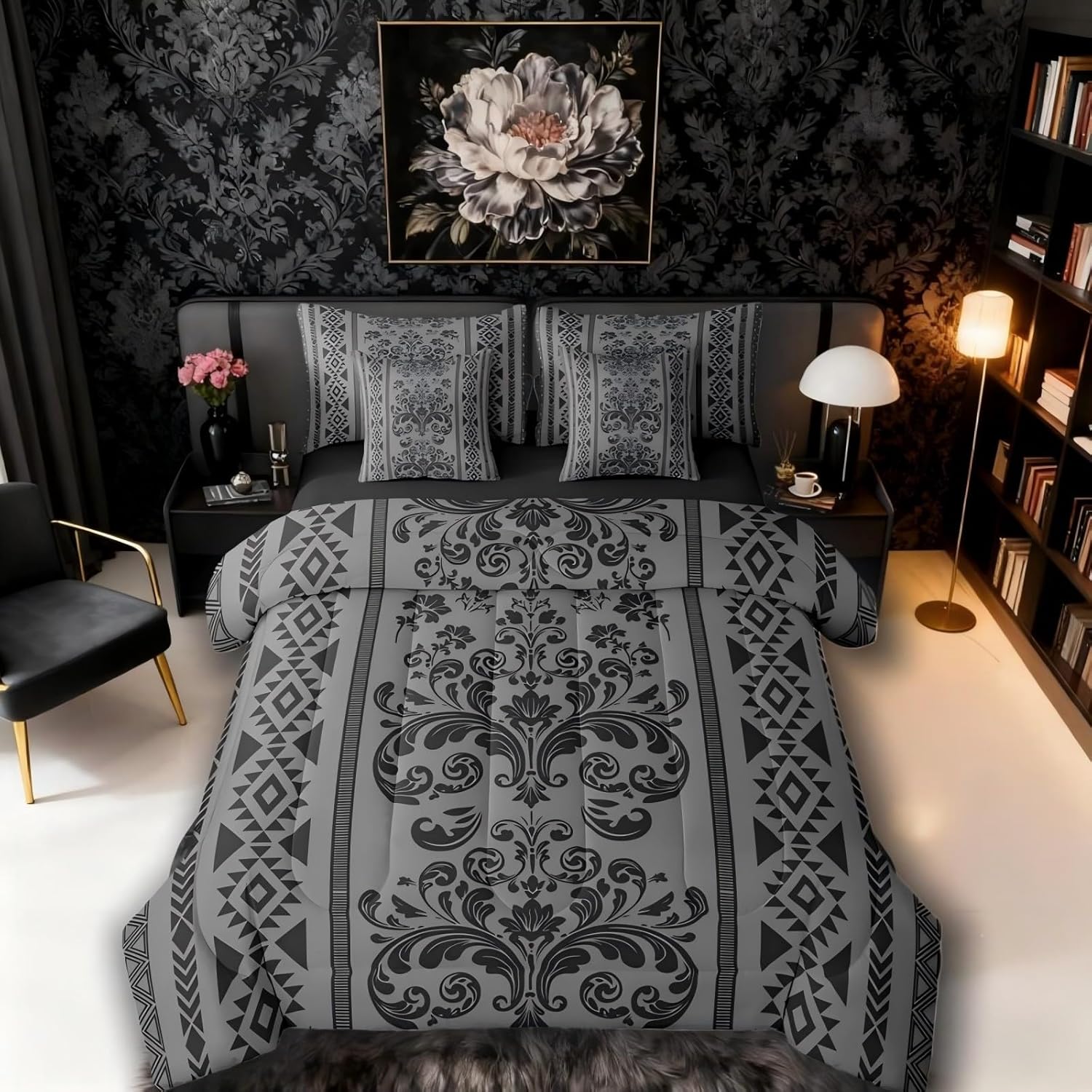 Comforter Set Queen Size, Grey Black Aztec Damask 7 Pcs Bedding for Kids and Adults, Victorian Decor Western Baroque Goth Bed Sheet Sets with Fitted Sheet 2 Pillowcases & 2 Shams for Bedroom Bed Decor