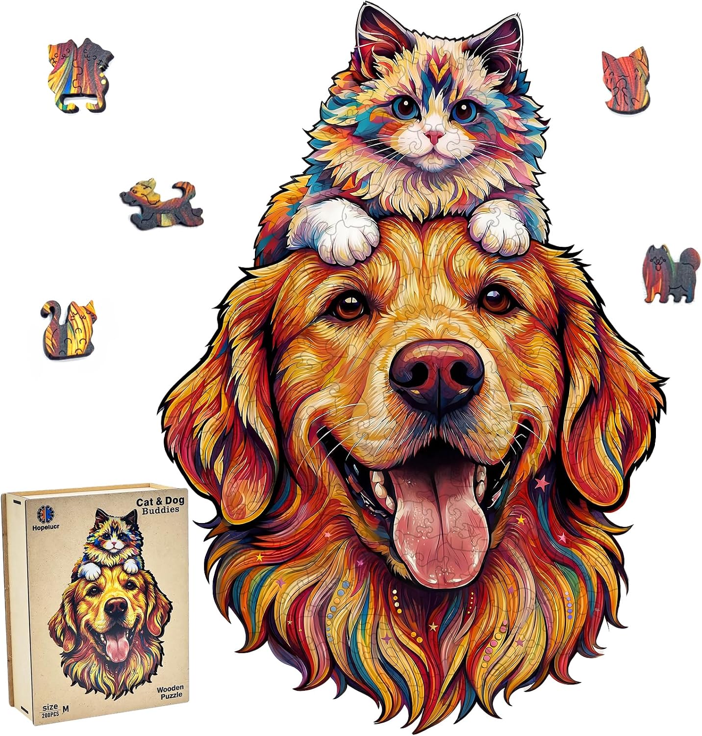 Cat and Dog Wooden Puzzles for Adults, Funny Animal Wooden Jigsaw Puzzles for Adults 200 Piece, Unique Shape Wood Cut Puzzle, Fun Challenging Puzzle Gift for Friends Family Game Home Decor 11 * 7.7 in