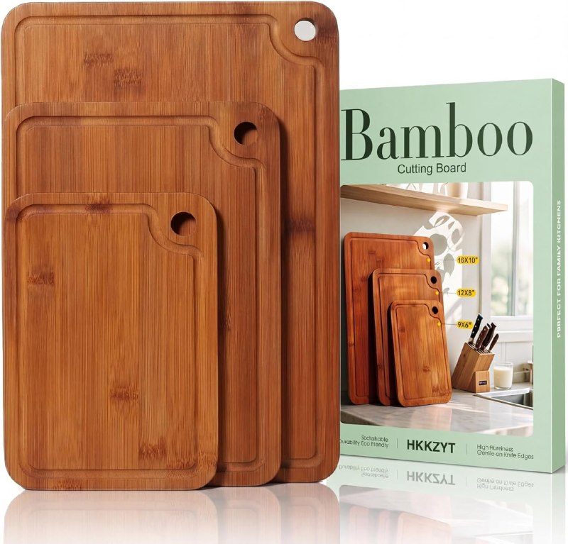 PR!CE DROP ( ) Deep-Carbonized Wood Cutting Board Set, HKKZYT 3 Pack Bamboo Chopping Boards for Kitchen with Side Handles, Charcuterie Board Juice Groove Knife-Friendly for Heavy Duty
