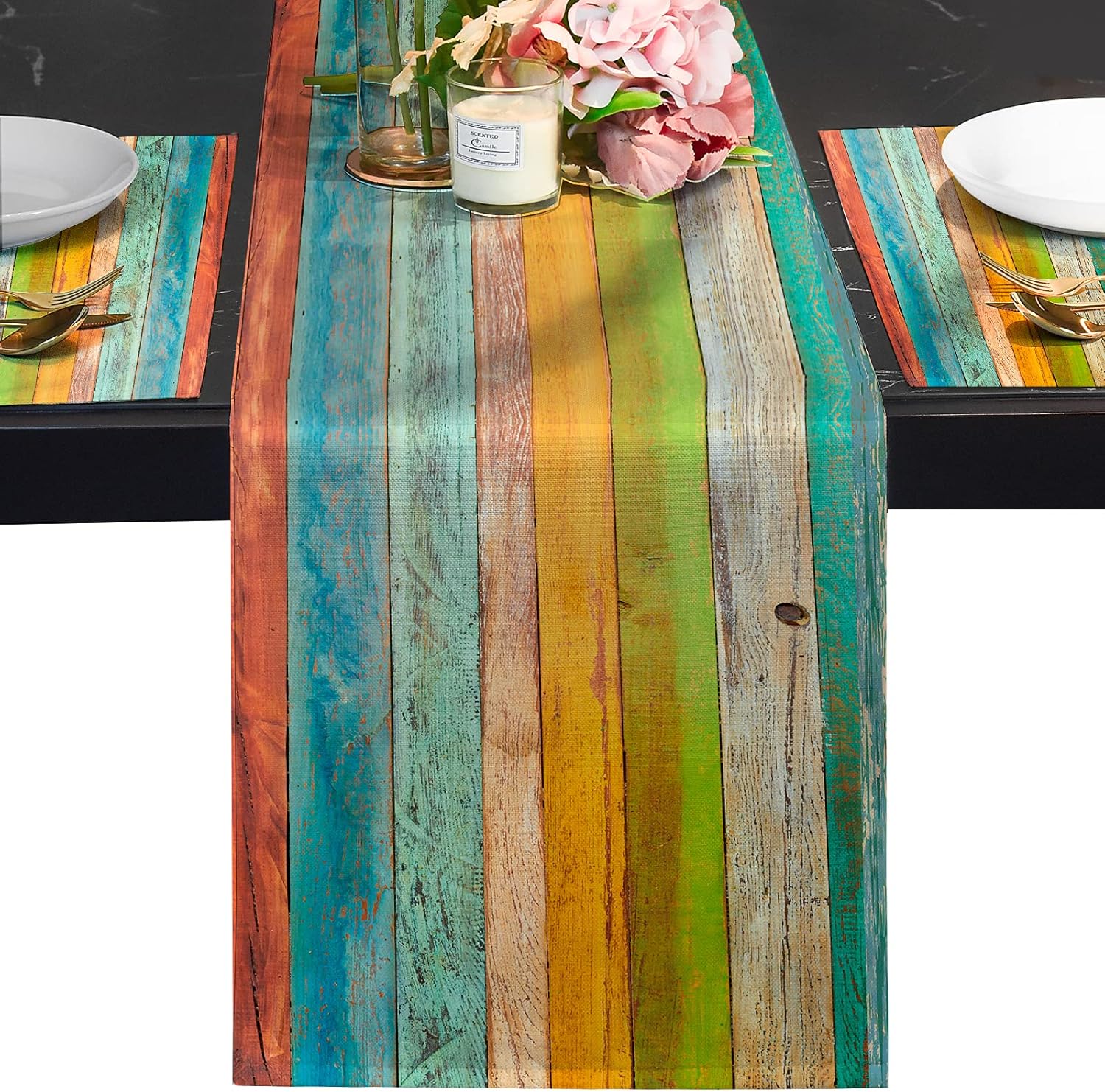 Farmhouse Table Runners 48 Inches Long, Wood Grain Spring Table Runner Old Barn Wood Blue Brown Kitchen Heat Resistant Table Decor for Kitchen Dining Room Coffee Table