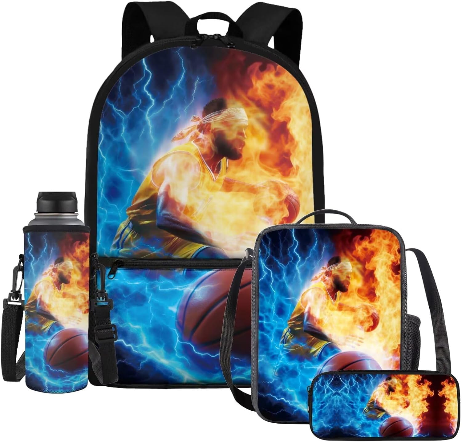 HUIACONG Boys Flame Basketball Backpack Set 4PCS 17 Inch Middle School Cool Basketball Player Backpacks with Lunch Box Pencil Case Water Bottle Sleeve for 10-12 Years