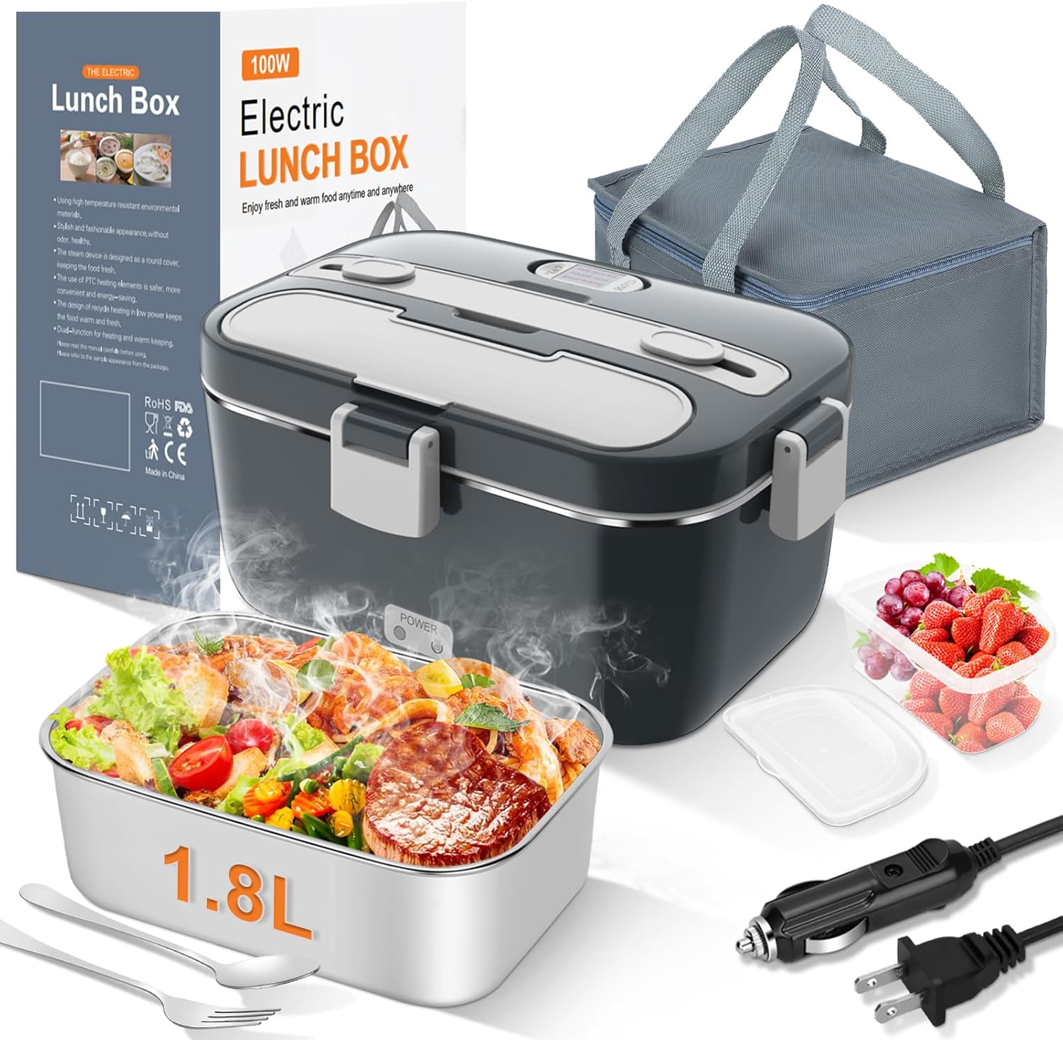 DUPASU Electric Lunch Box Food Warmer: 100W Heated Lunch Box for Adults, 1.8L Portable Fast Heating Lunchbox Food Heater for Car, Truck, Work, Travel, Lonchera Elctrica Porttil 12/24V/110-23
