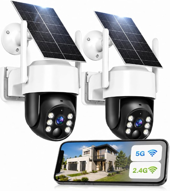 WESECUU 2K/4MP Solar Security Cameras System Wireless Outdoor, Battery Powered WiFi Camera for Home Security, Panoramic PTZ, Auto Tracking, Human/Vehicle Detection, Color Night Vision (2 Pac